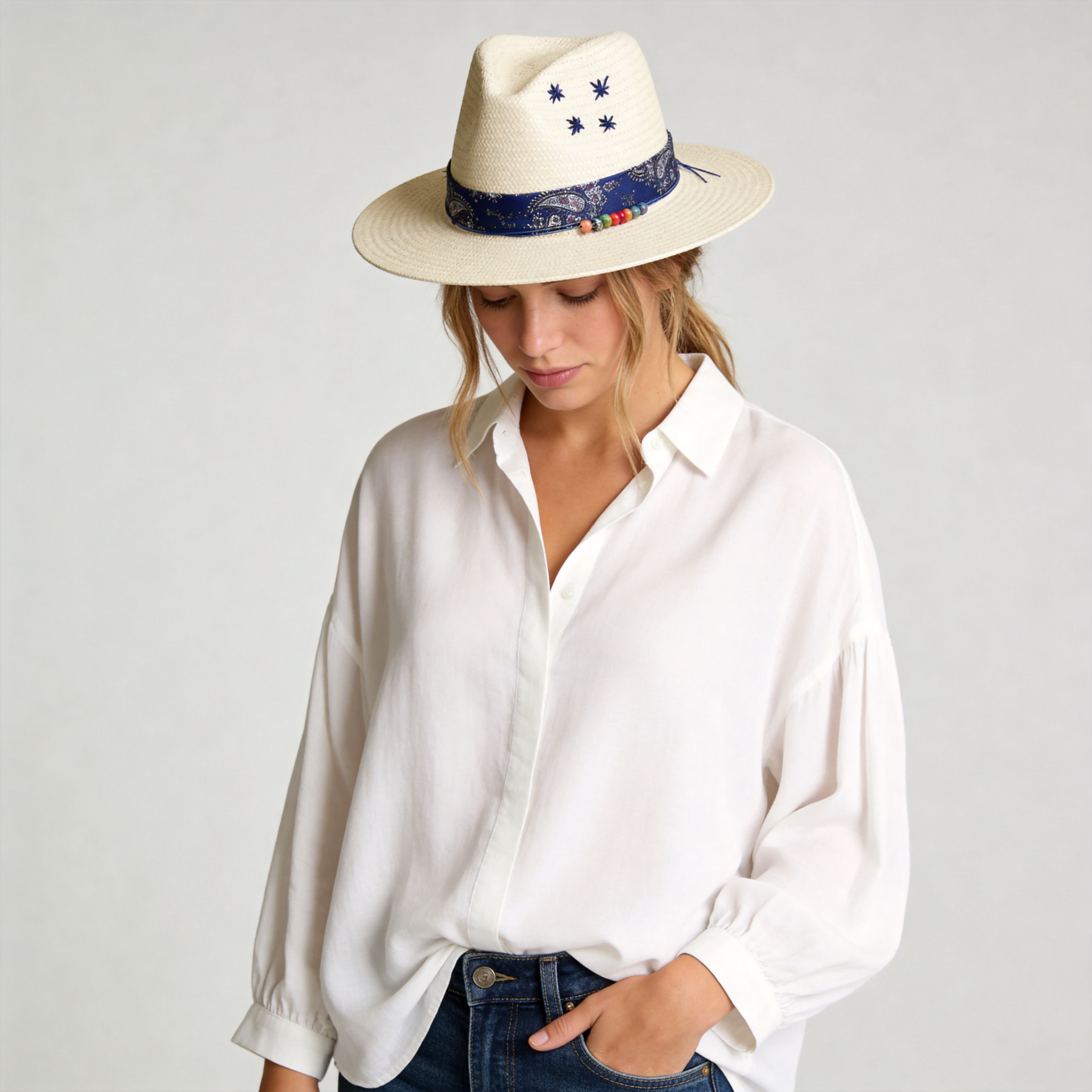 White Straw Hat with Blue Print Band & Colorful Beads