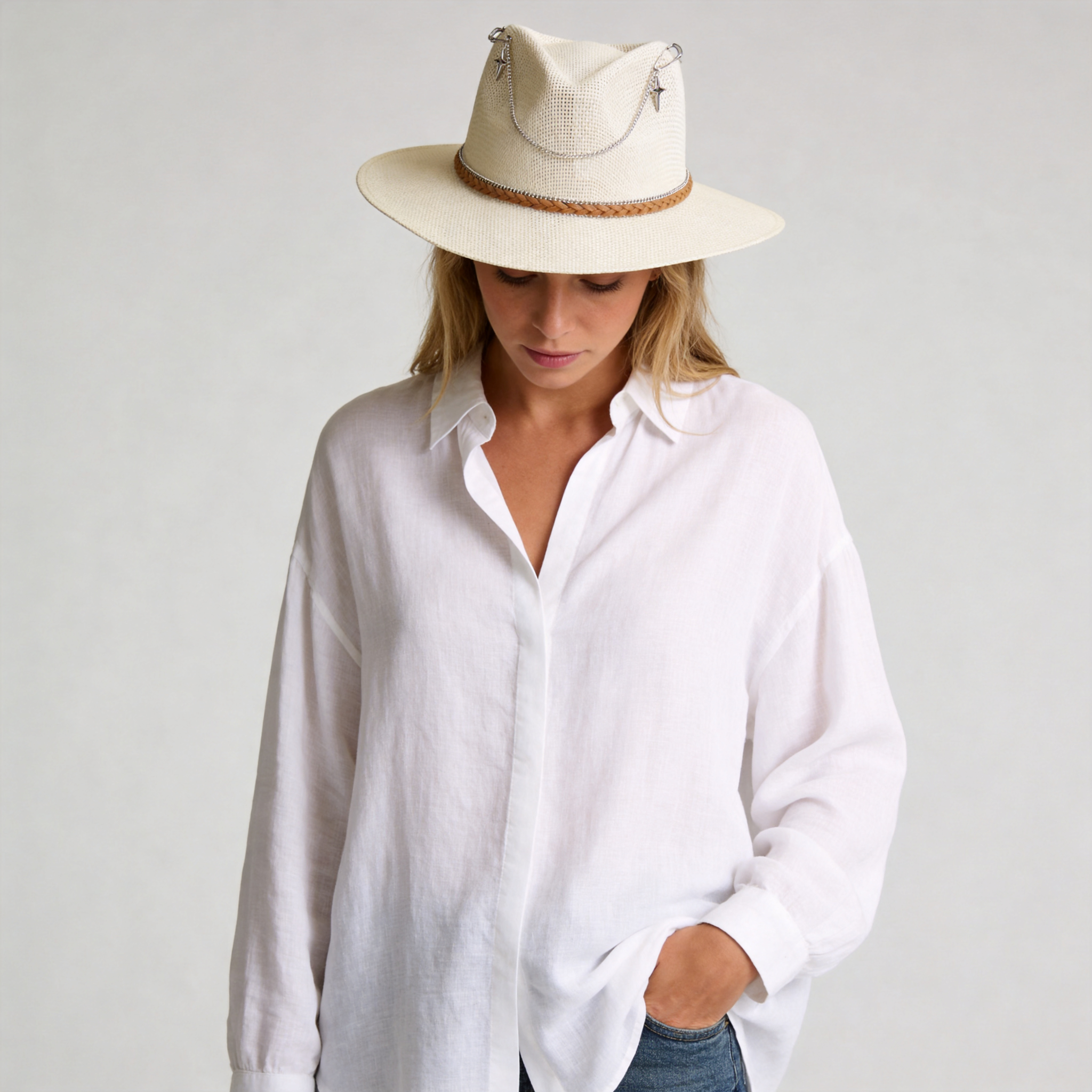 Off-White Straw Hat with Silver Chain & Woven Band