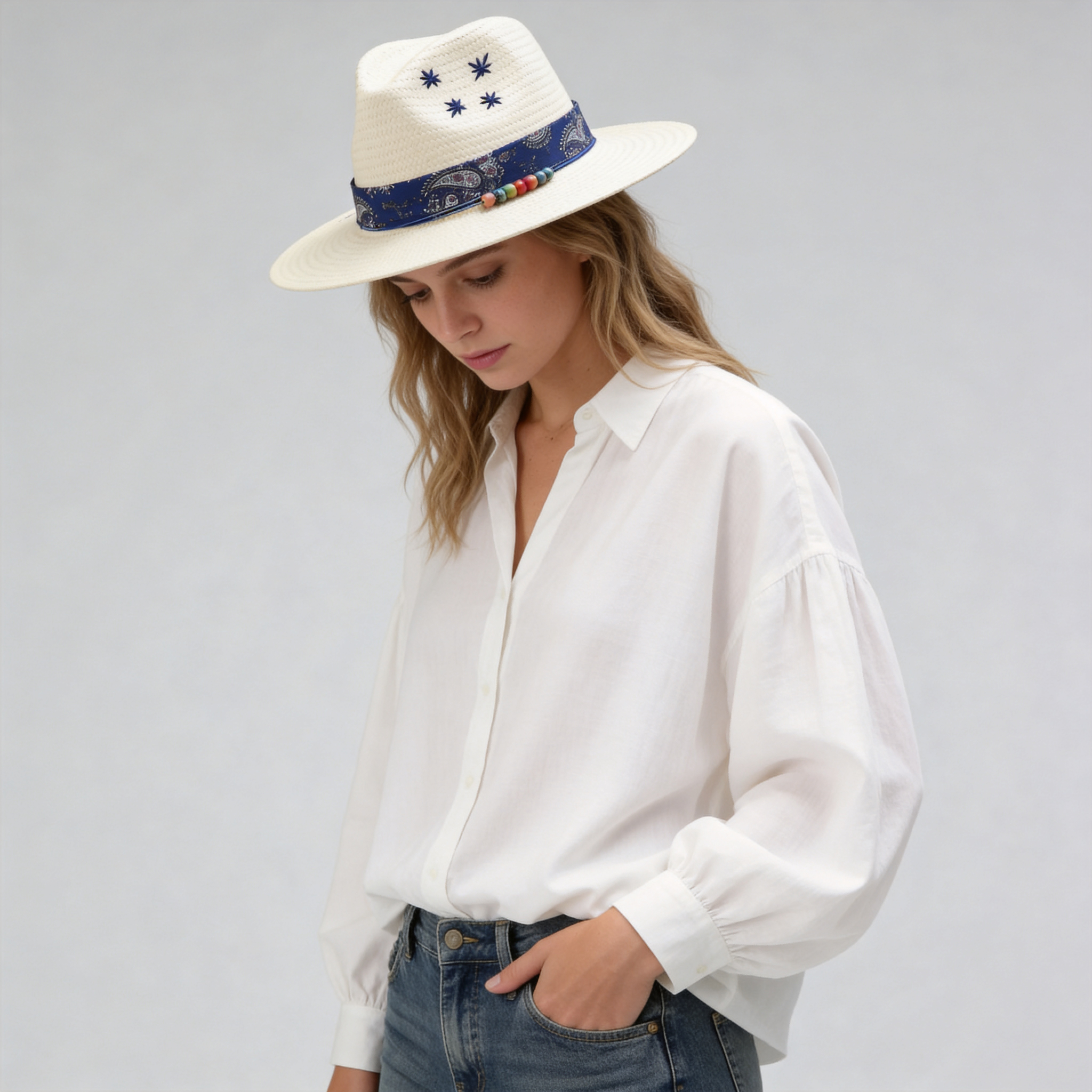White Straw Hat with Blue Print Band & Colorful Beads