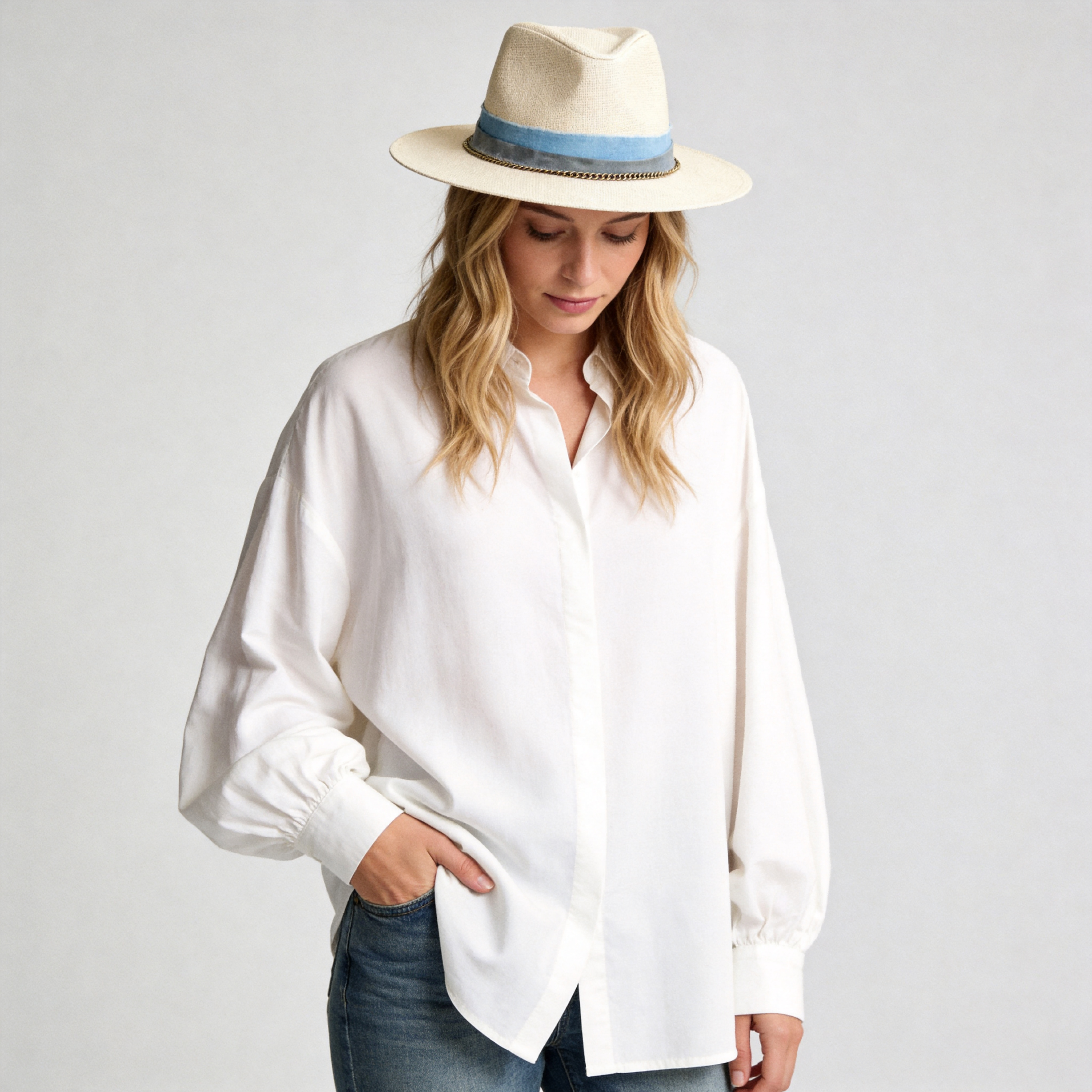 Off-White Straw Hat with Blue Band & Copper Chain