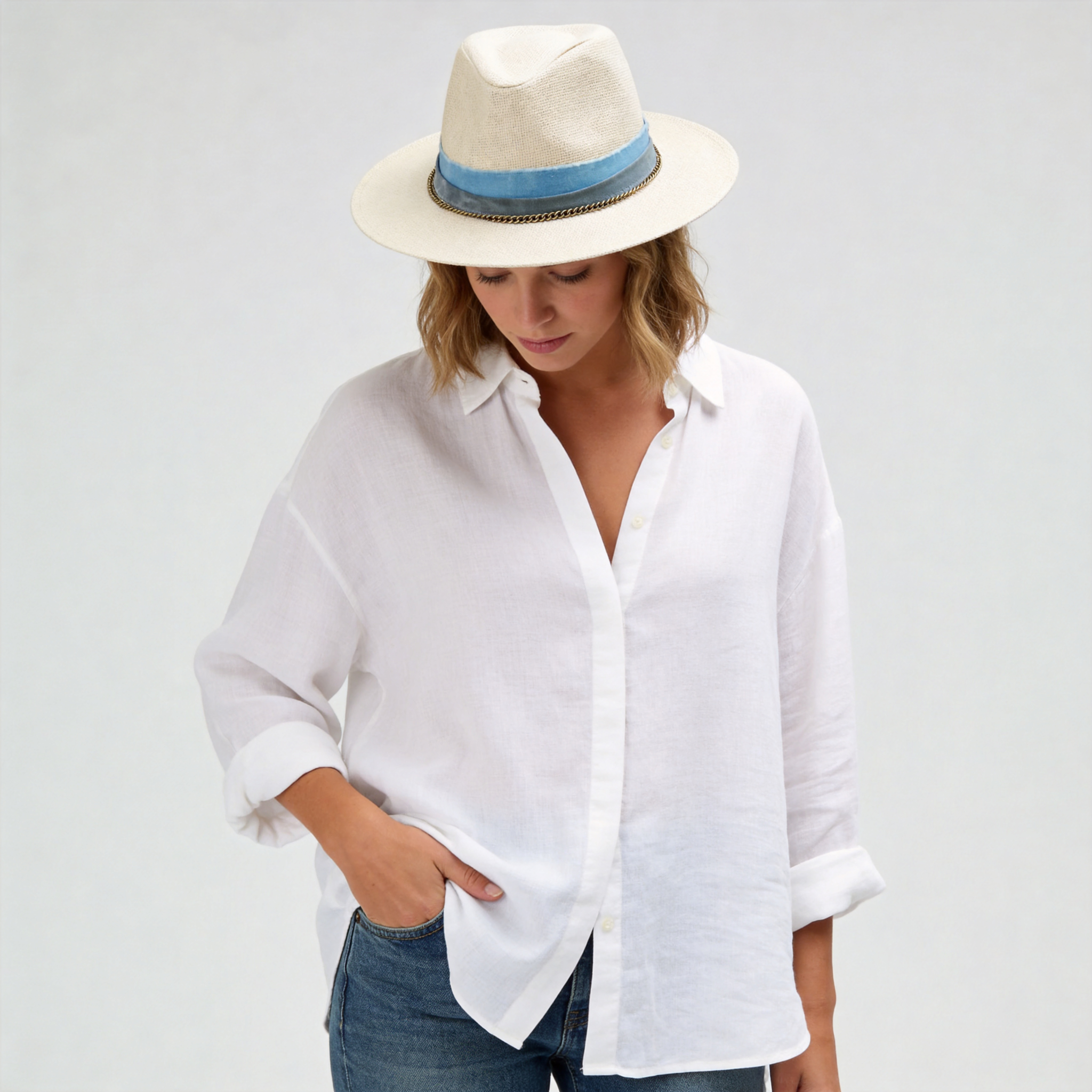 Off-White Straw Hat with Blue Band & Copper Chain