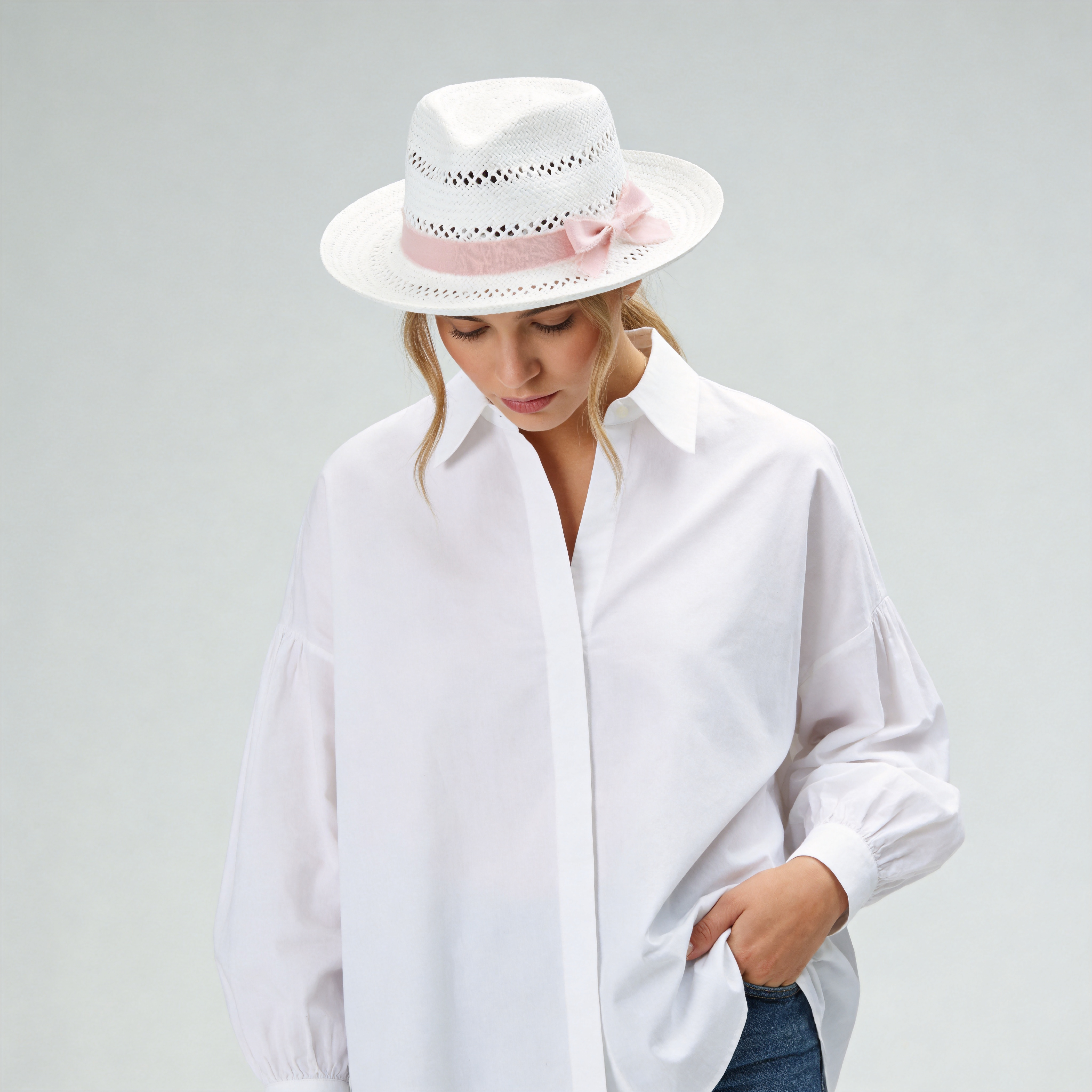 White Straw Hat with Cutout Crown & Light Pink Bow