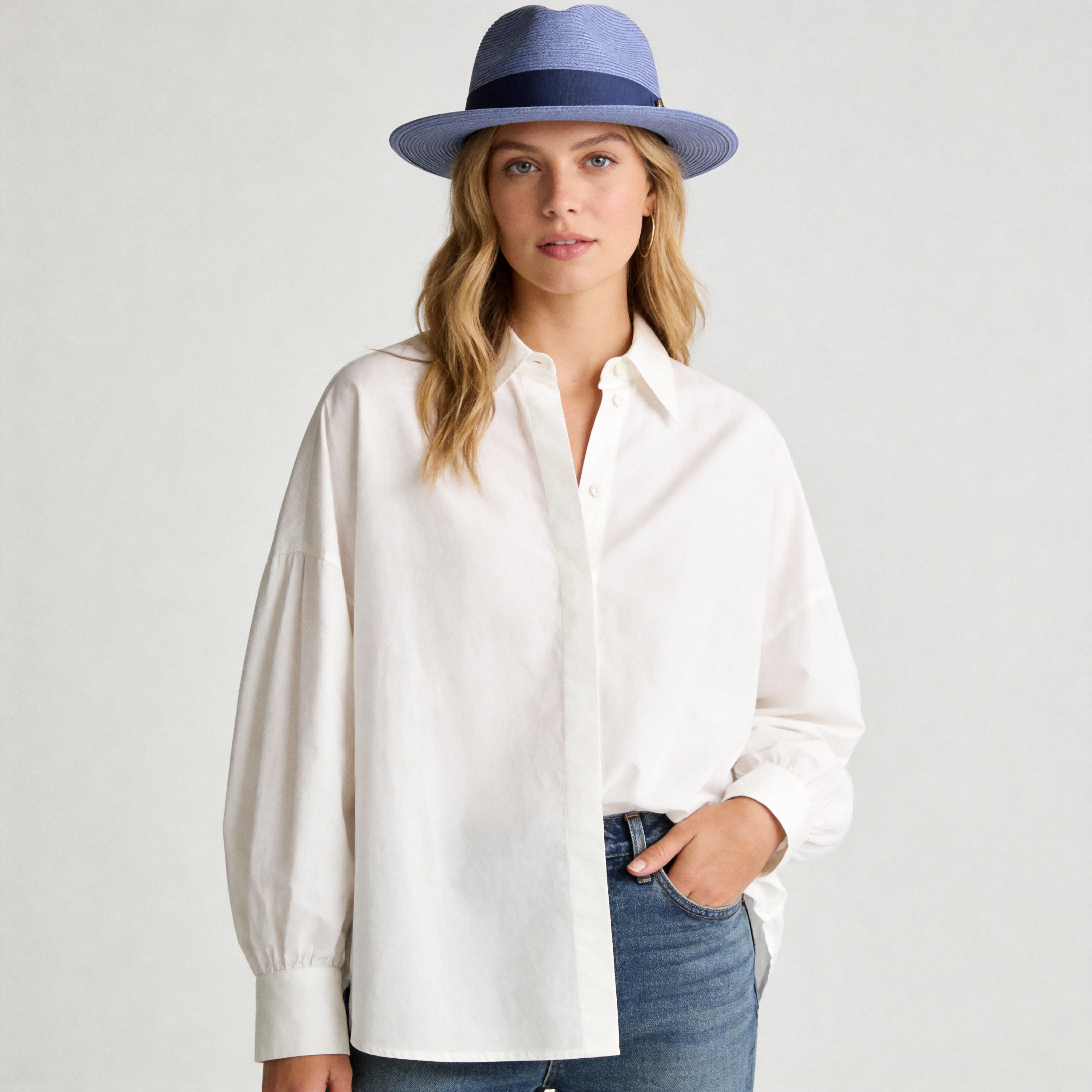 Classic Blue Straw Fedora Hat