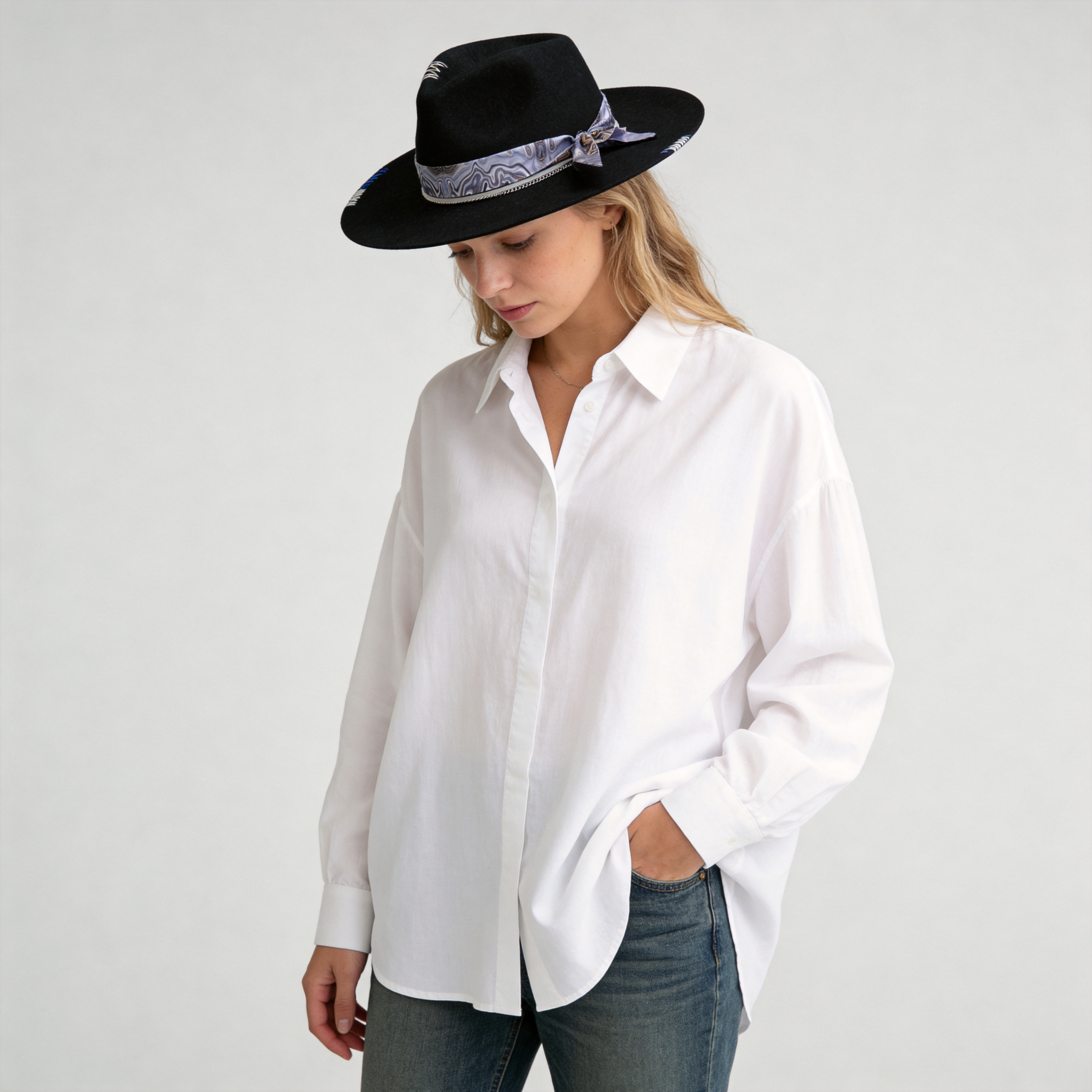Black Straight Brim Felt Hat with Gray Cord & Stitching