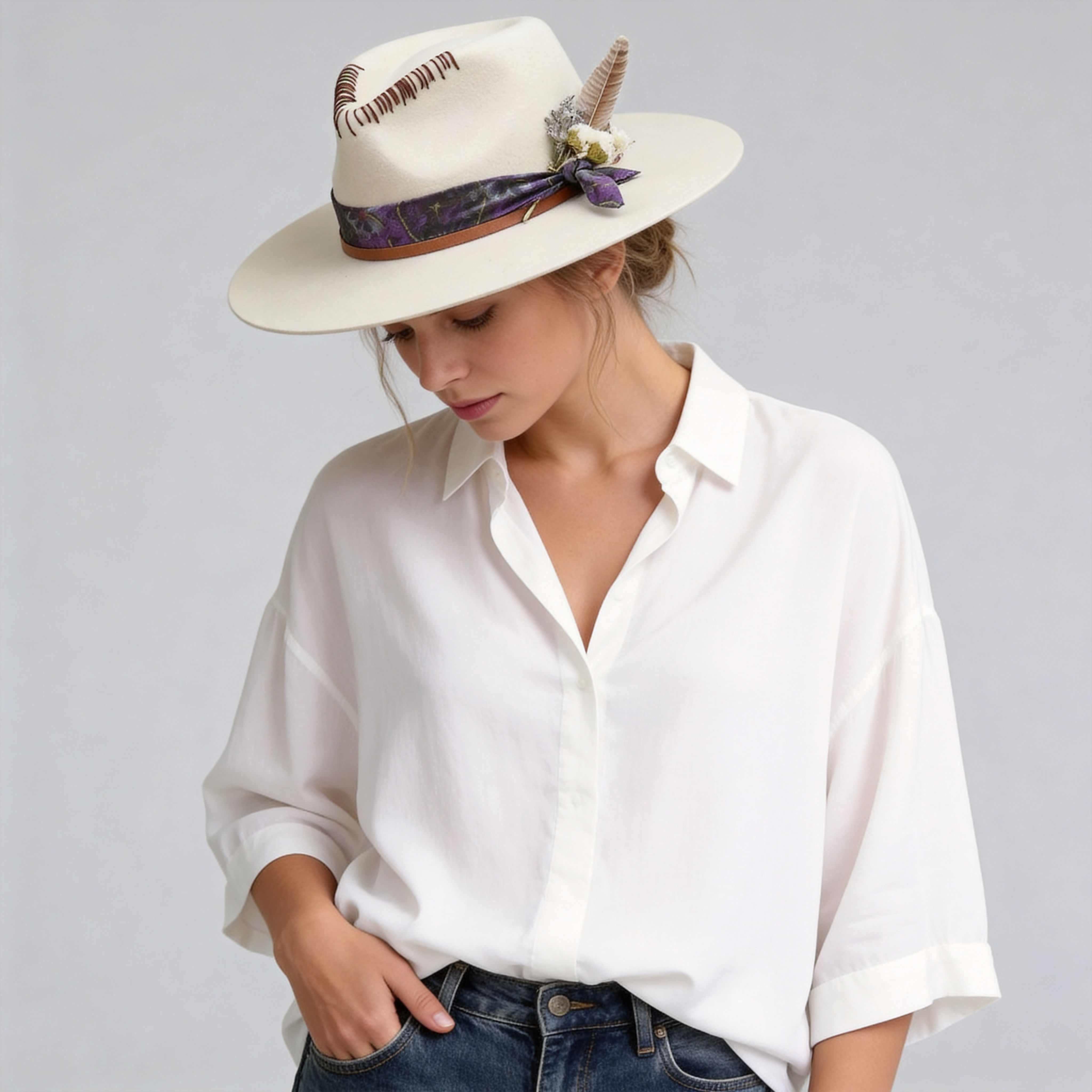 Teardrop Fedora - Off-White with Feather & Brown Cord Detail