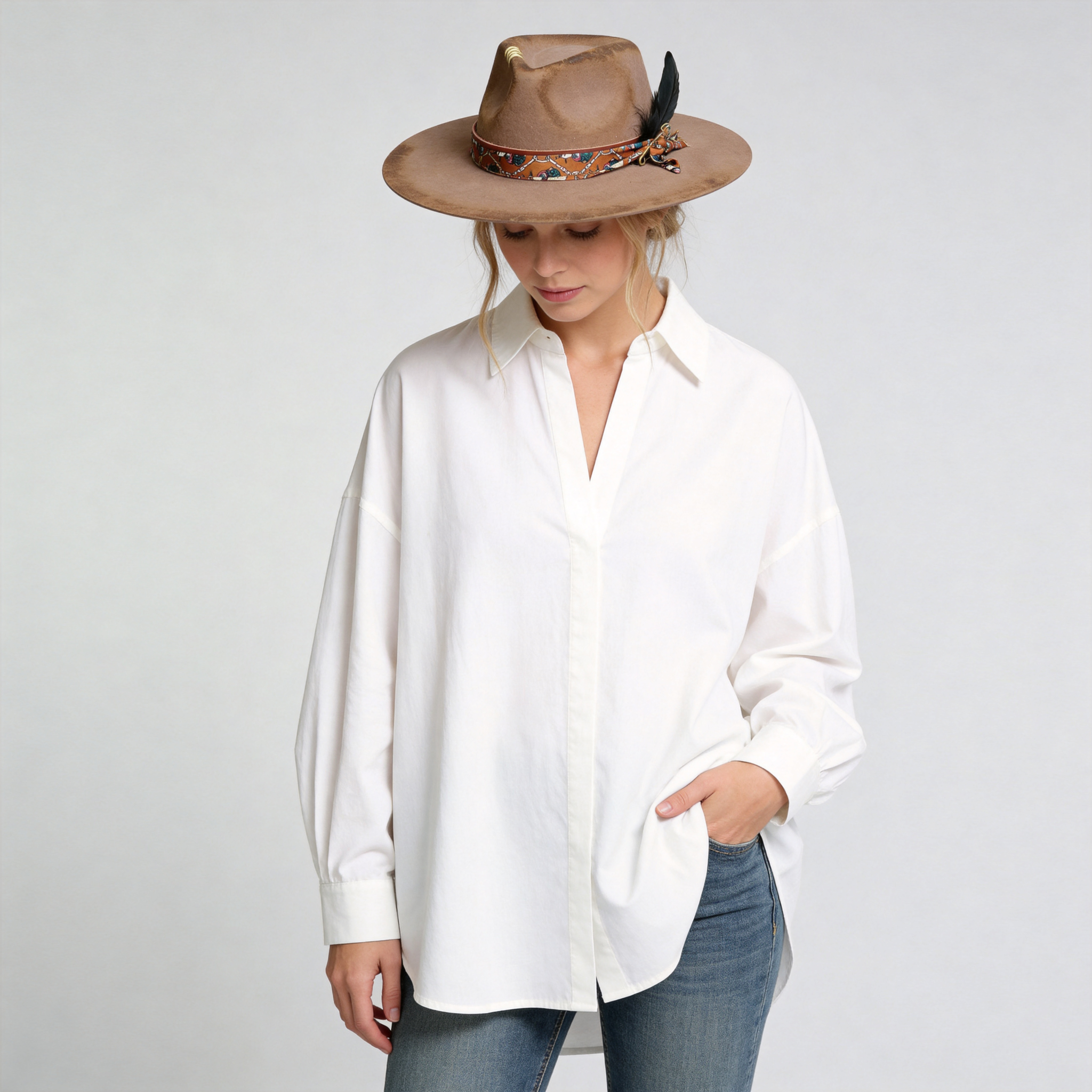 Hand-Burned Edgy Felt Hat – Neutral Tone, Feather Detail