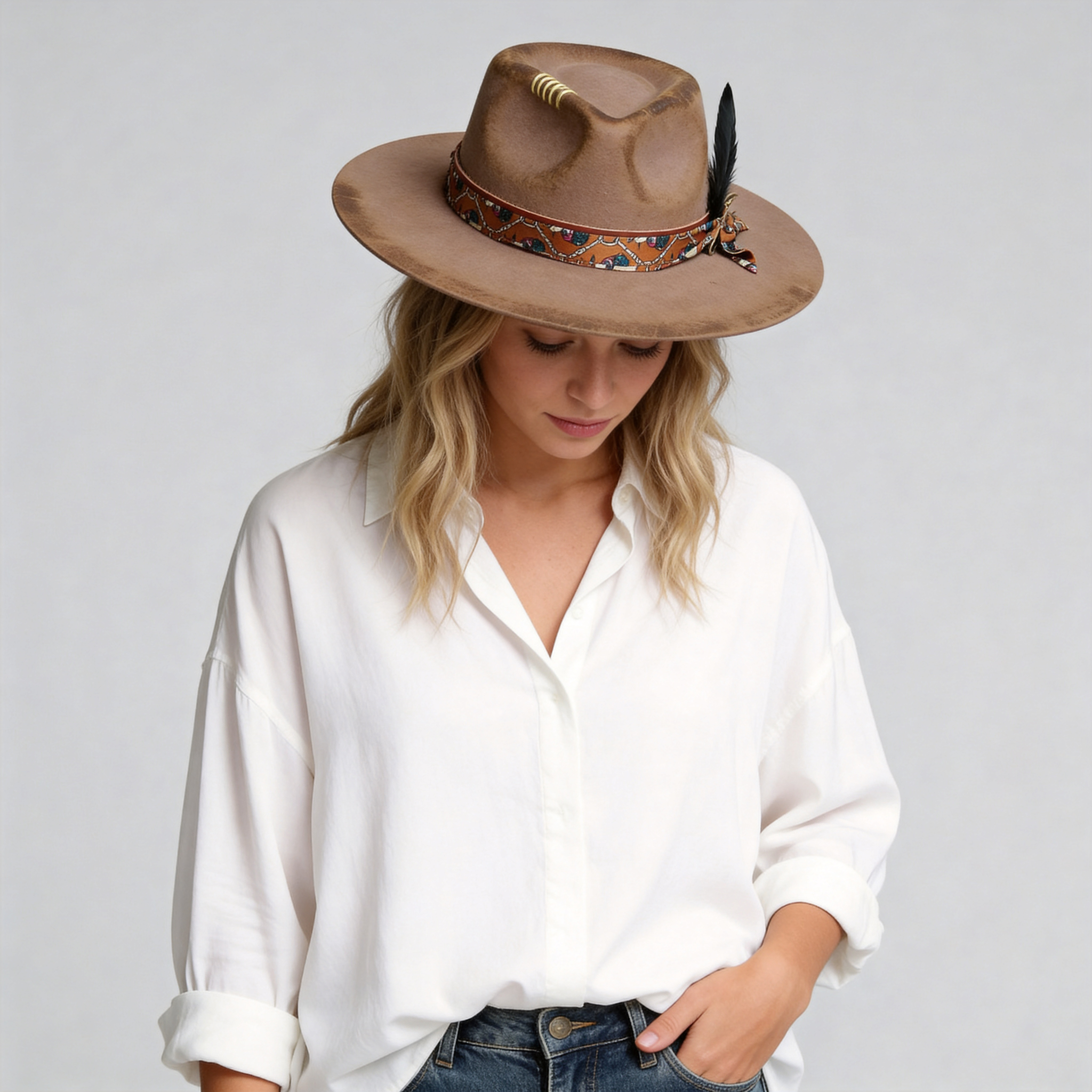 Hand-Burned Edgy Felt Hat – Neutral Tone, Feather Detail