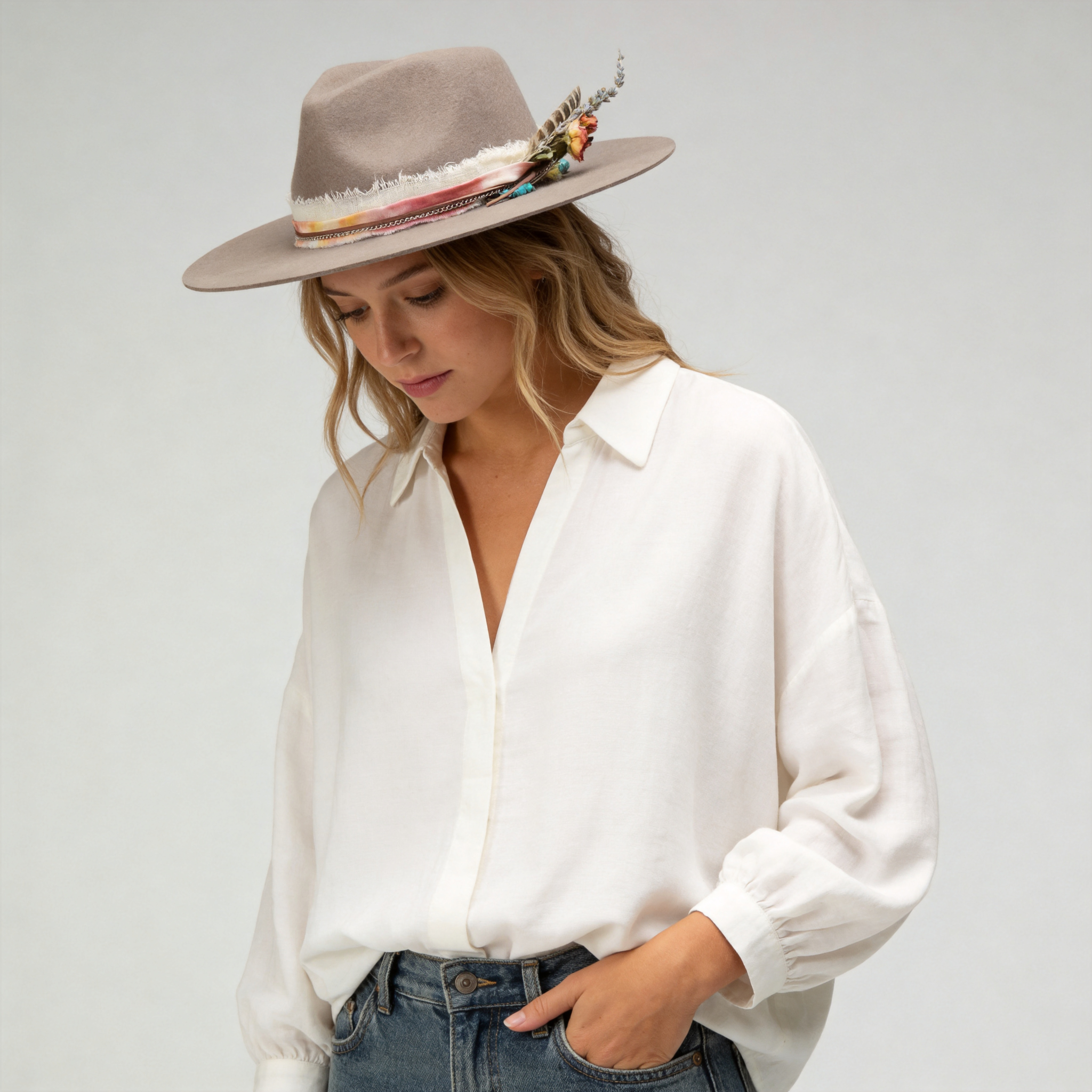 Camel Felt Hat - Silver Chain & Natural Feather Detail