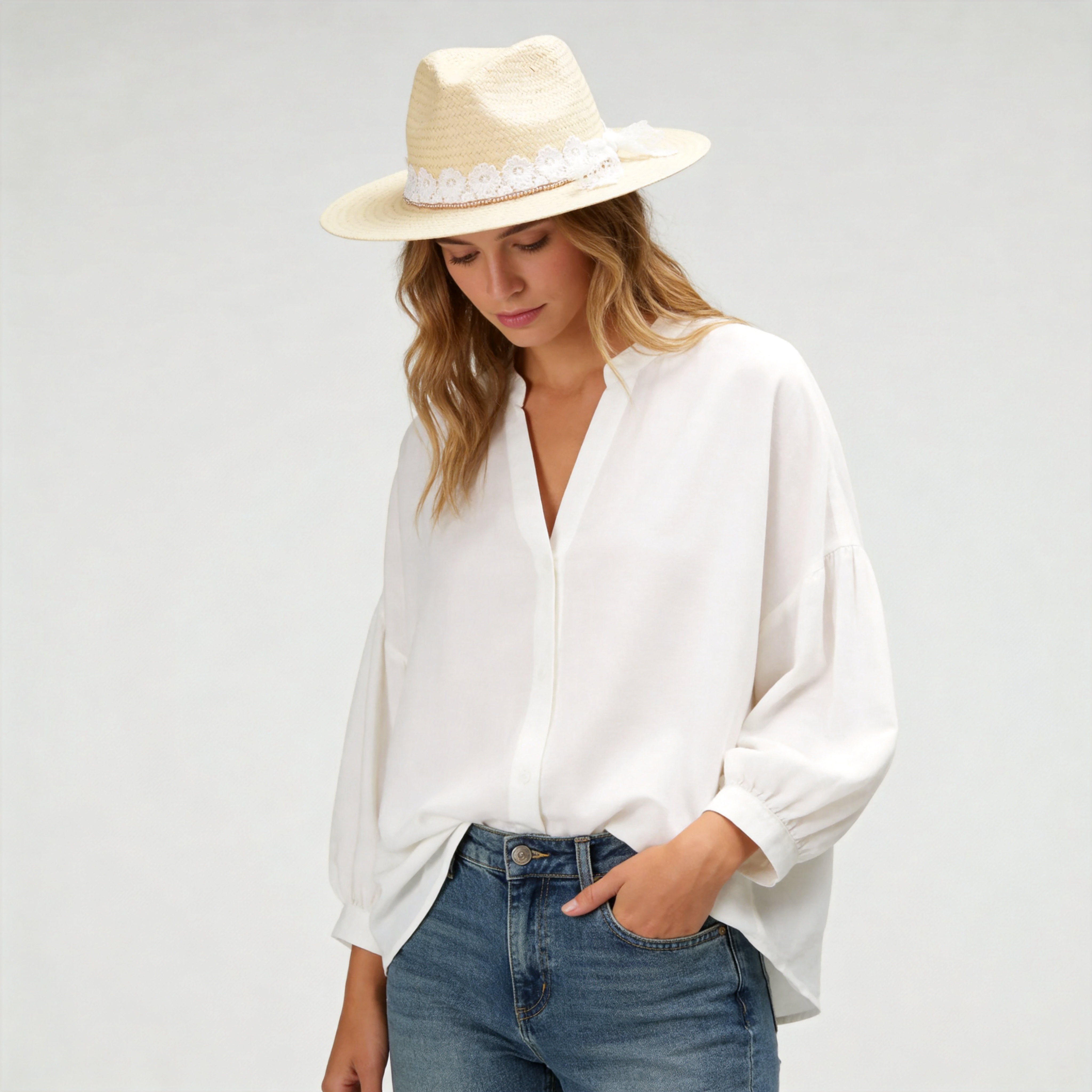 Beige Straw Hat with Custom Lace Band & Refined Beads
