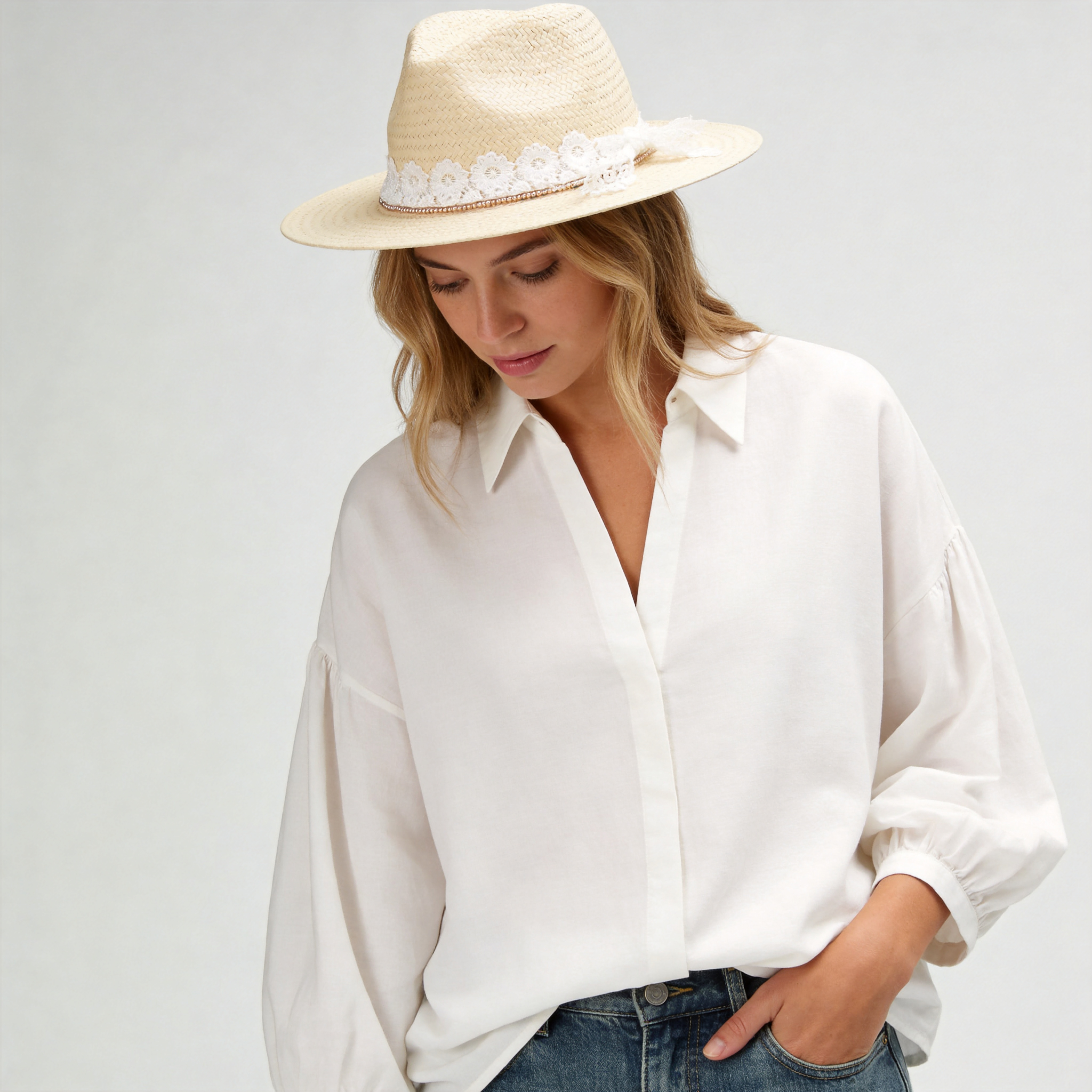 Beige Straw Hat with Custom Lace Band & Refined Beads