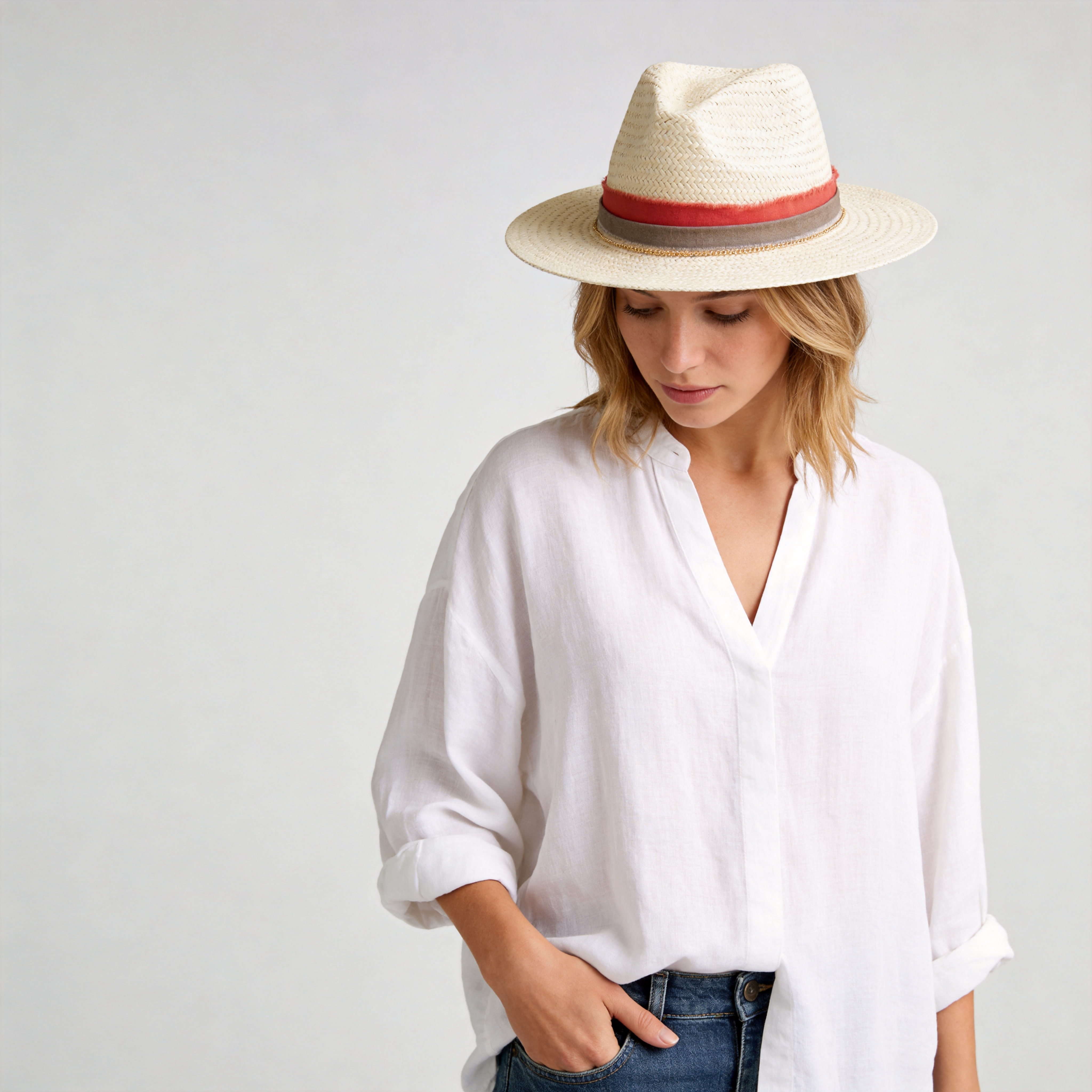 Beige Straw Hat - Flat Brim with Gold Metal Accent