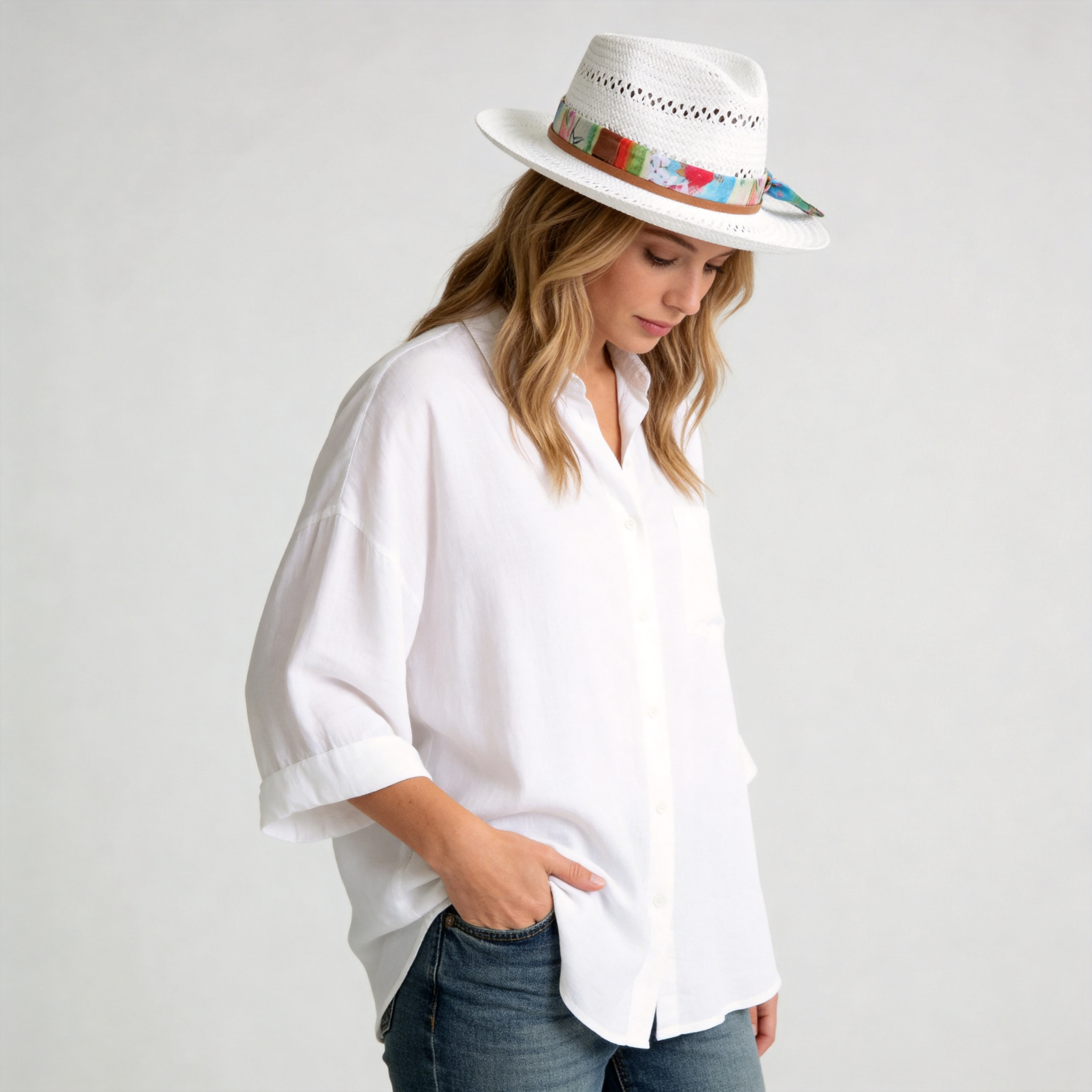 White Straw Hat - Hollow Design with Colorful Fabric Accent