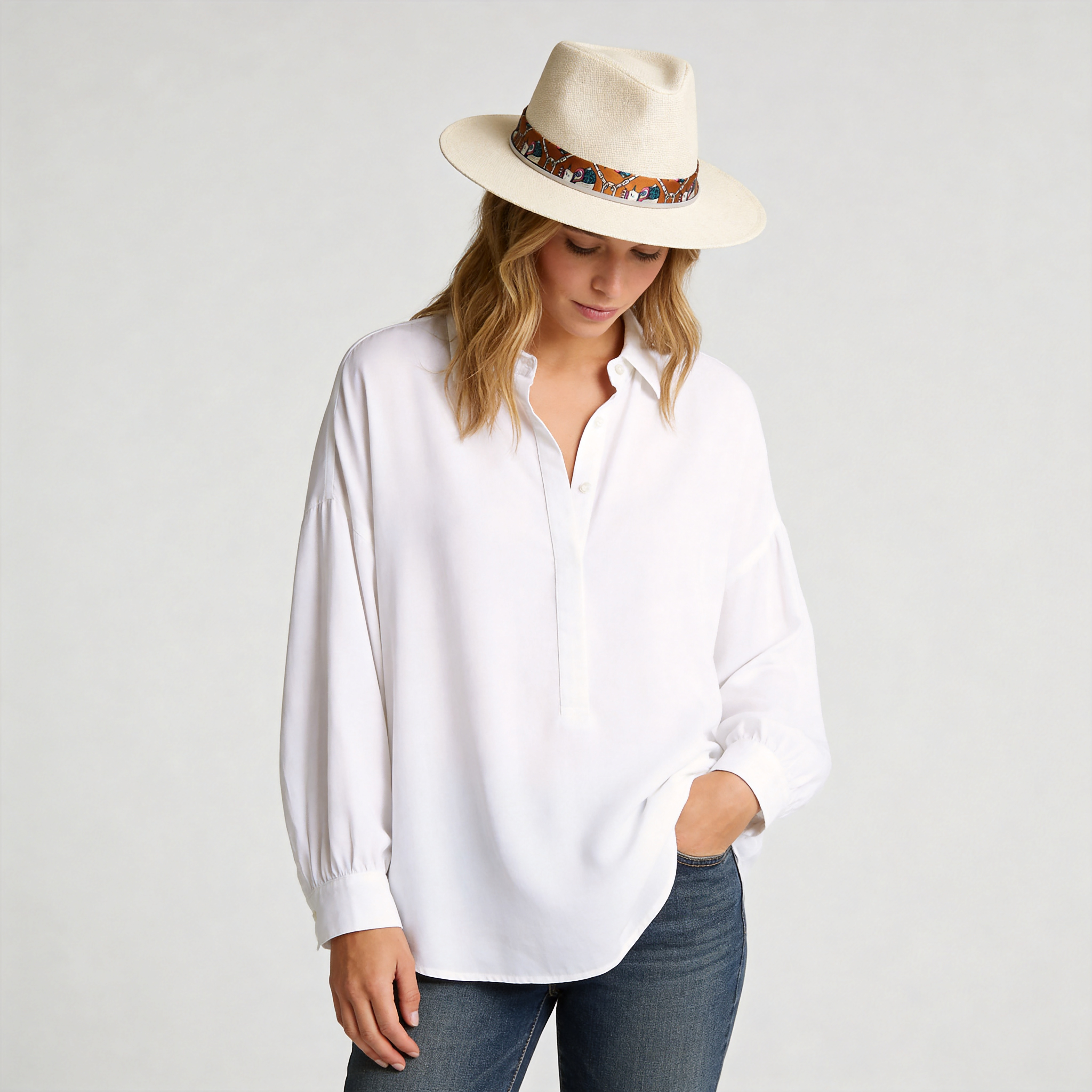 Teardrop Crown Fedora - Beige with Fabric & Thin Cord Strap