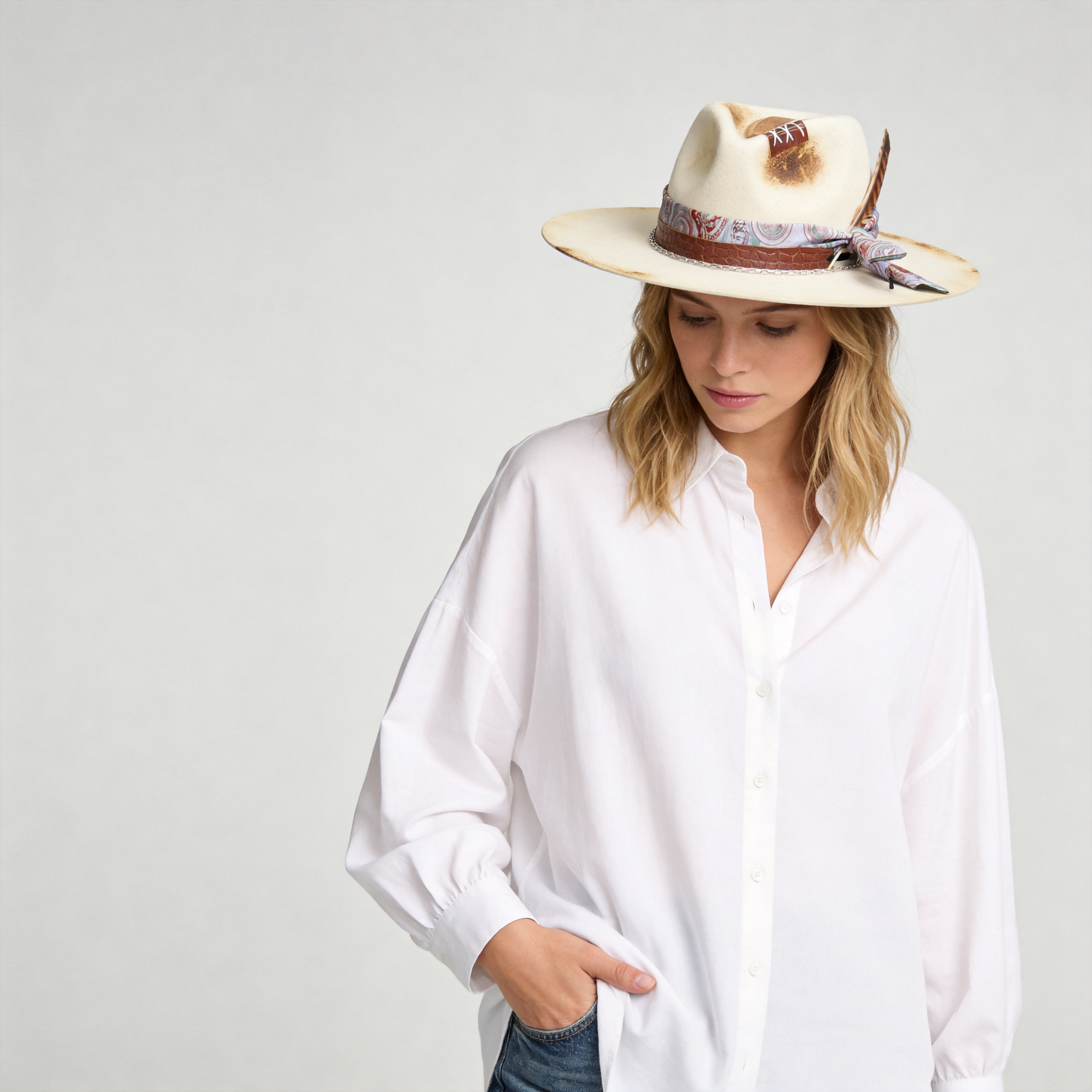 Flat-Brim Hat – Off-White, Charred, Leather, Feathers