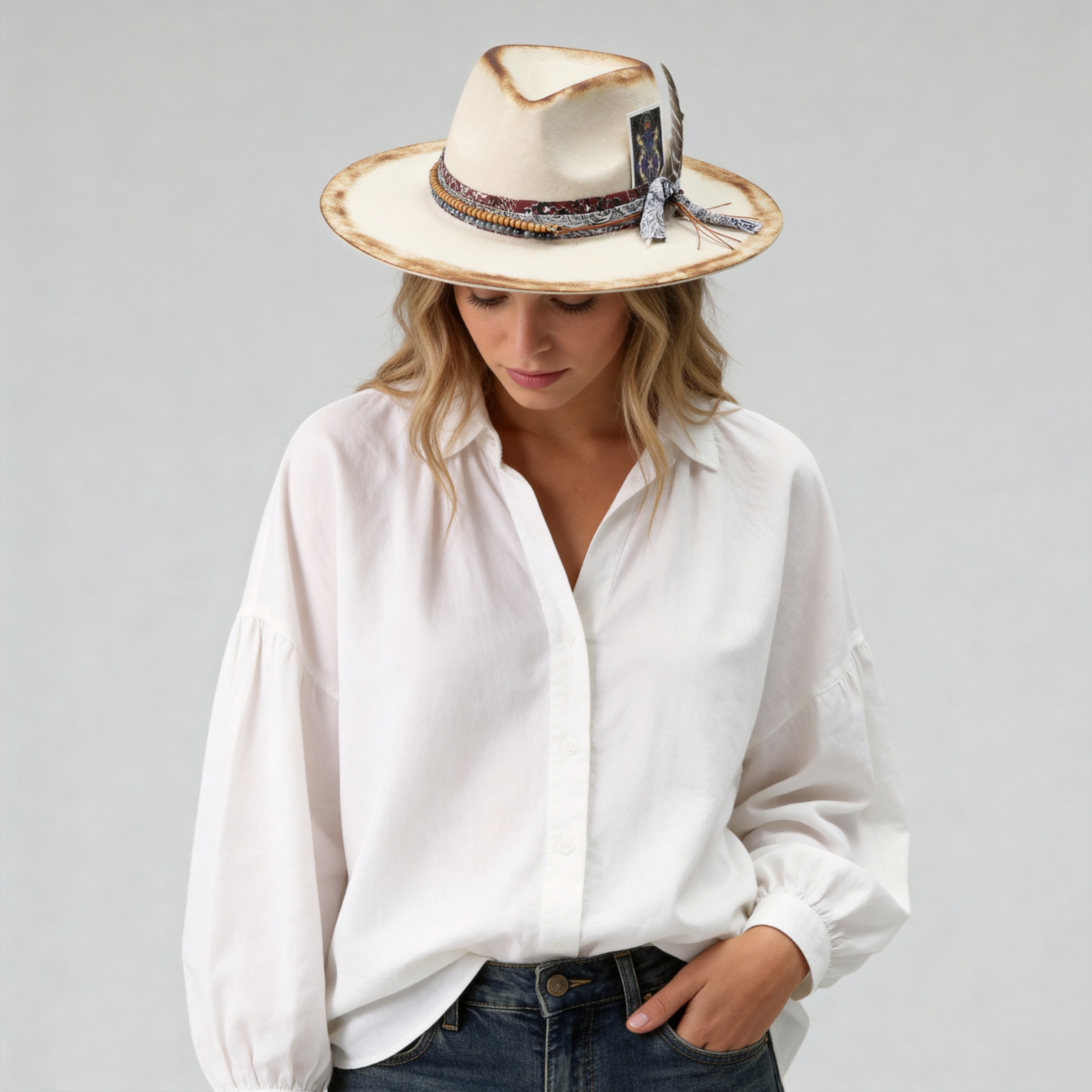 Statement Felt Hat – Distressed Finish, Custom Fabric Trim