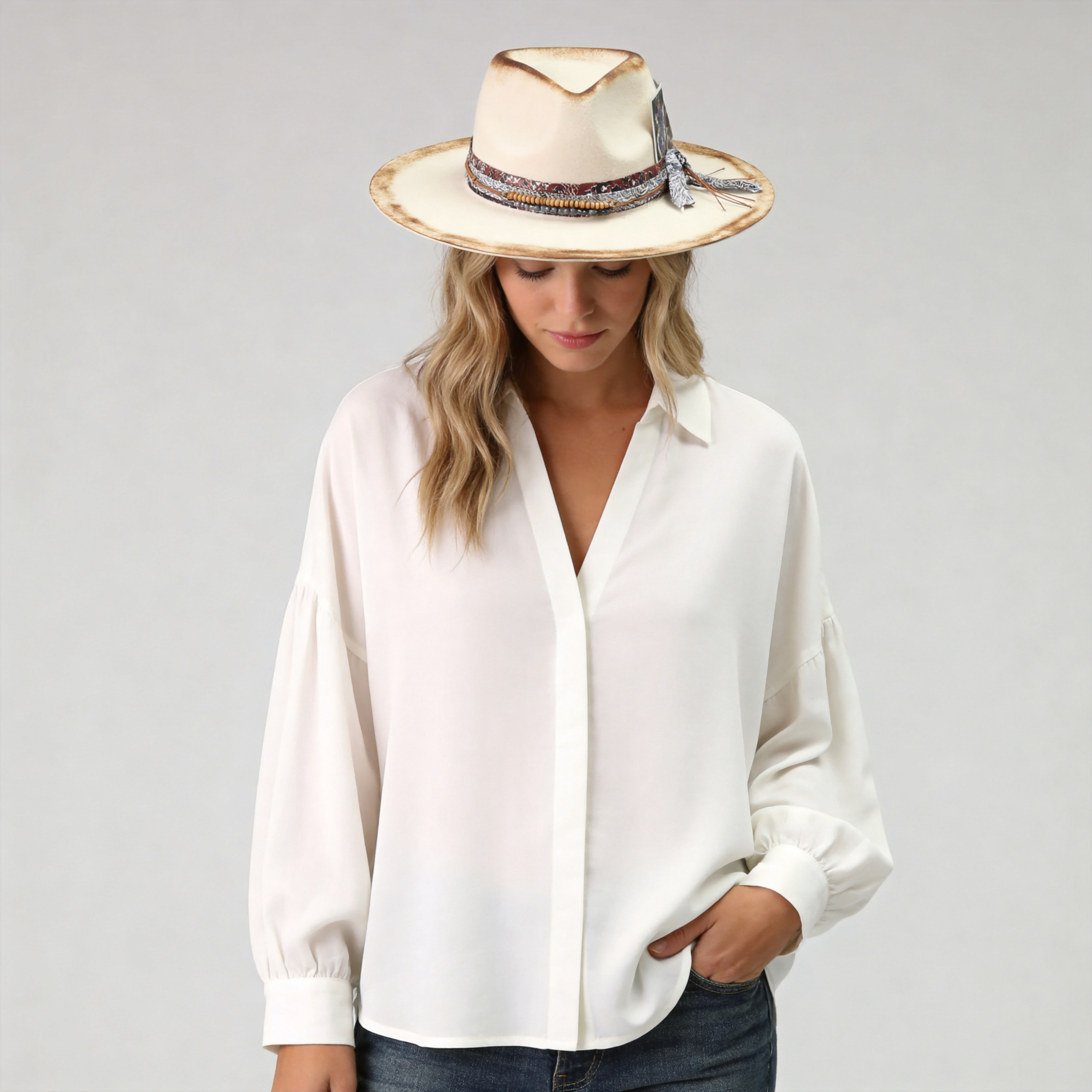 Statement Felt Hat – Distressed Finish, Custom Fabric Trim