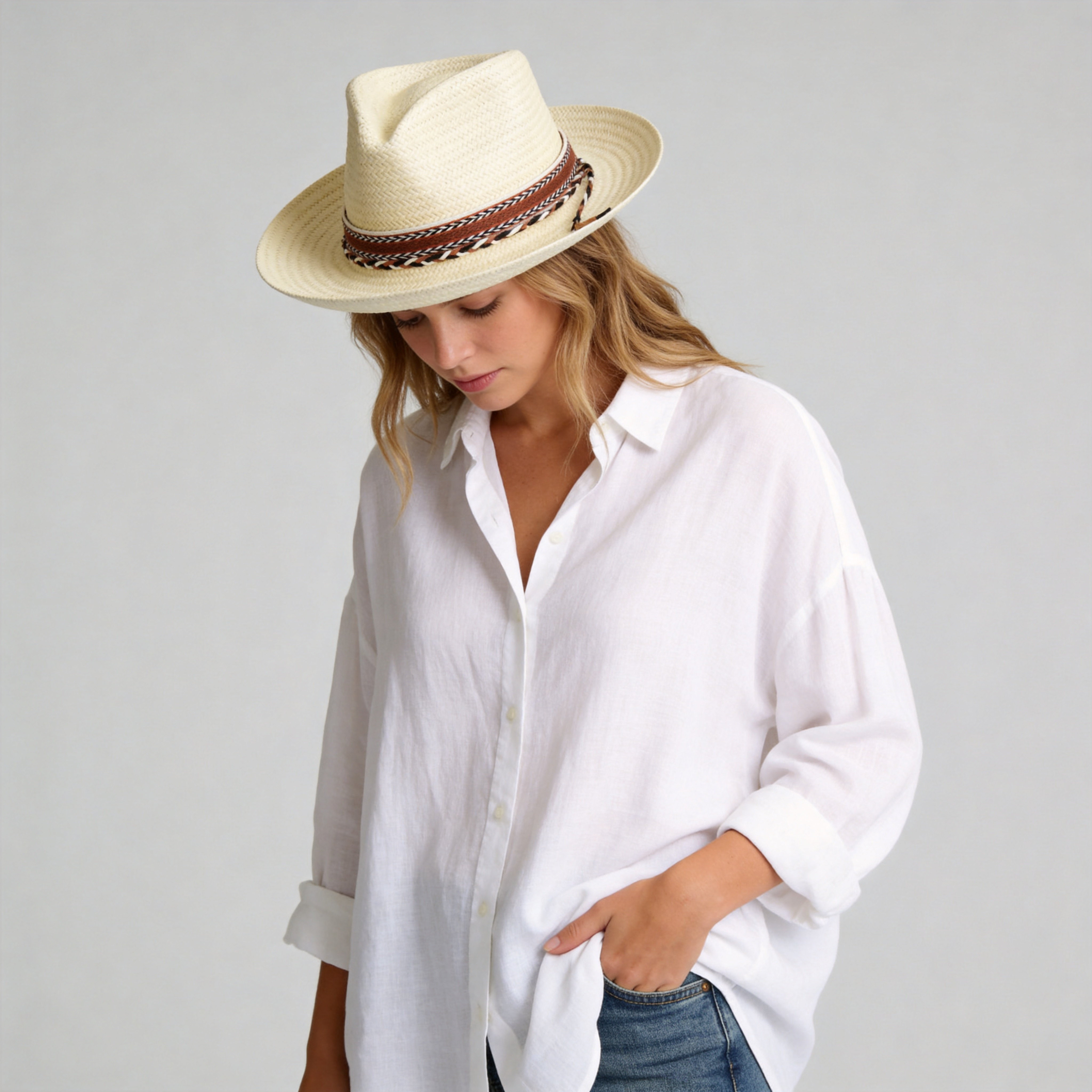 Off-White Straw Hat with Woven Print Band & Three-Color Braid