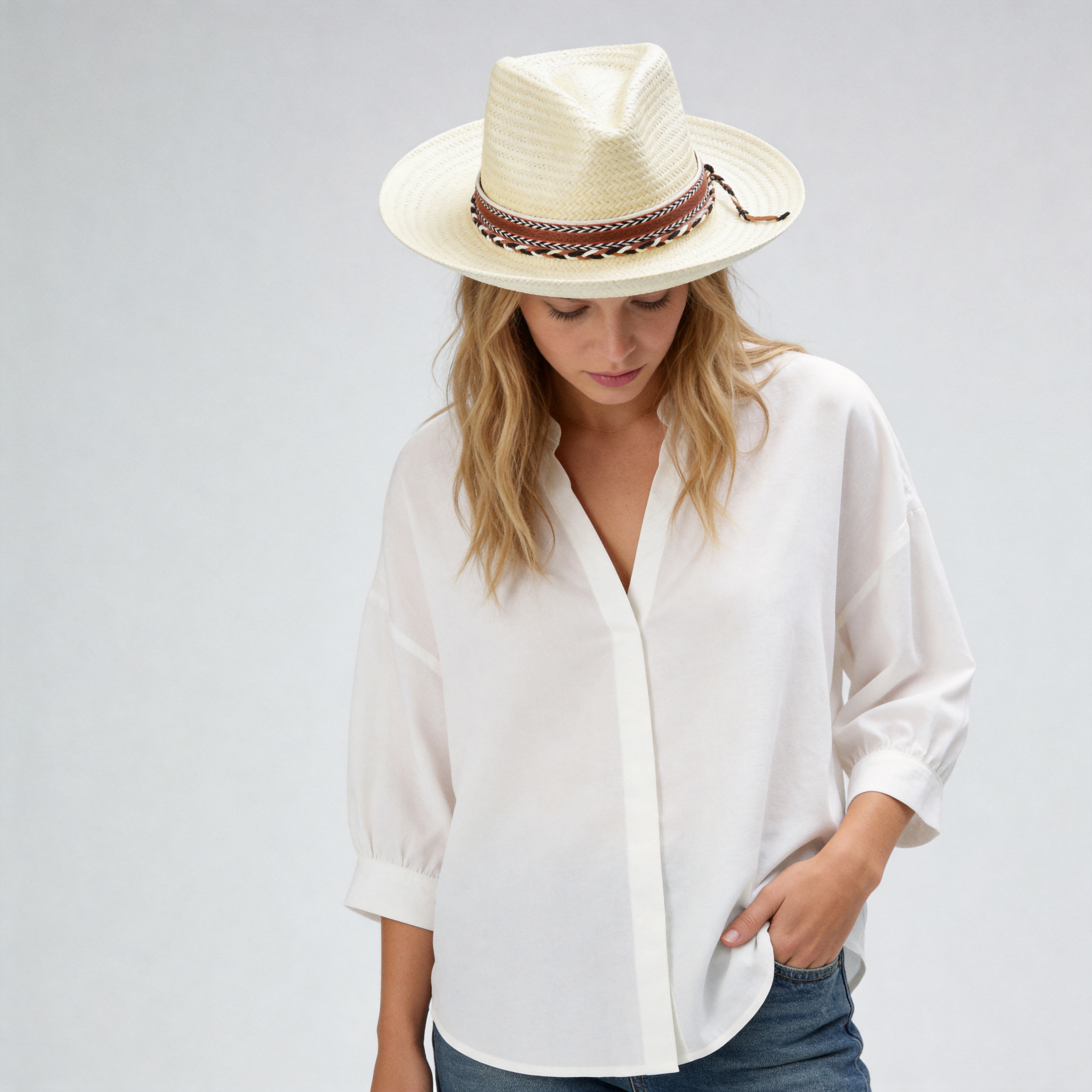 Off-White Straw Hat with Woven Print Band & Three-Color Braid