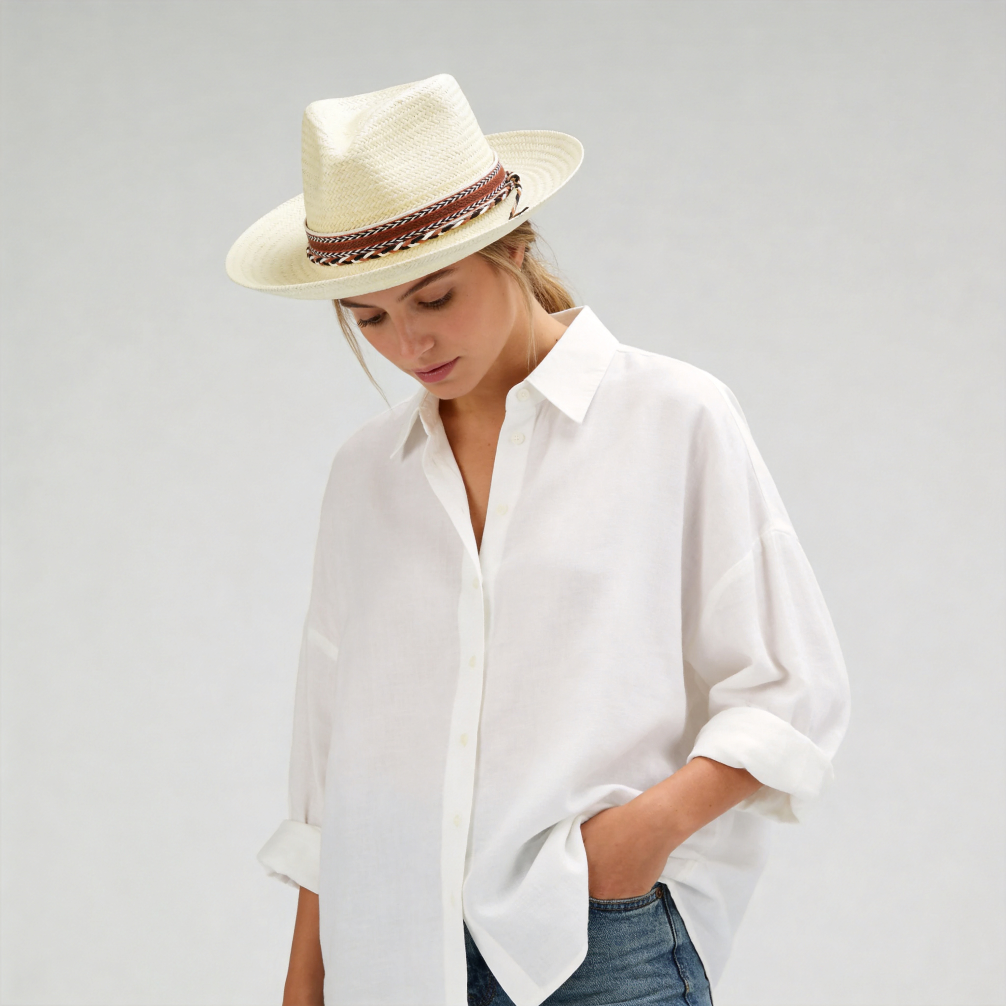 Off-White Straw Hat with Woven Print Band & Three-Color Braid