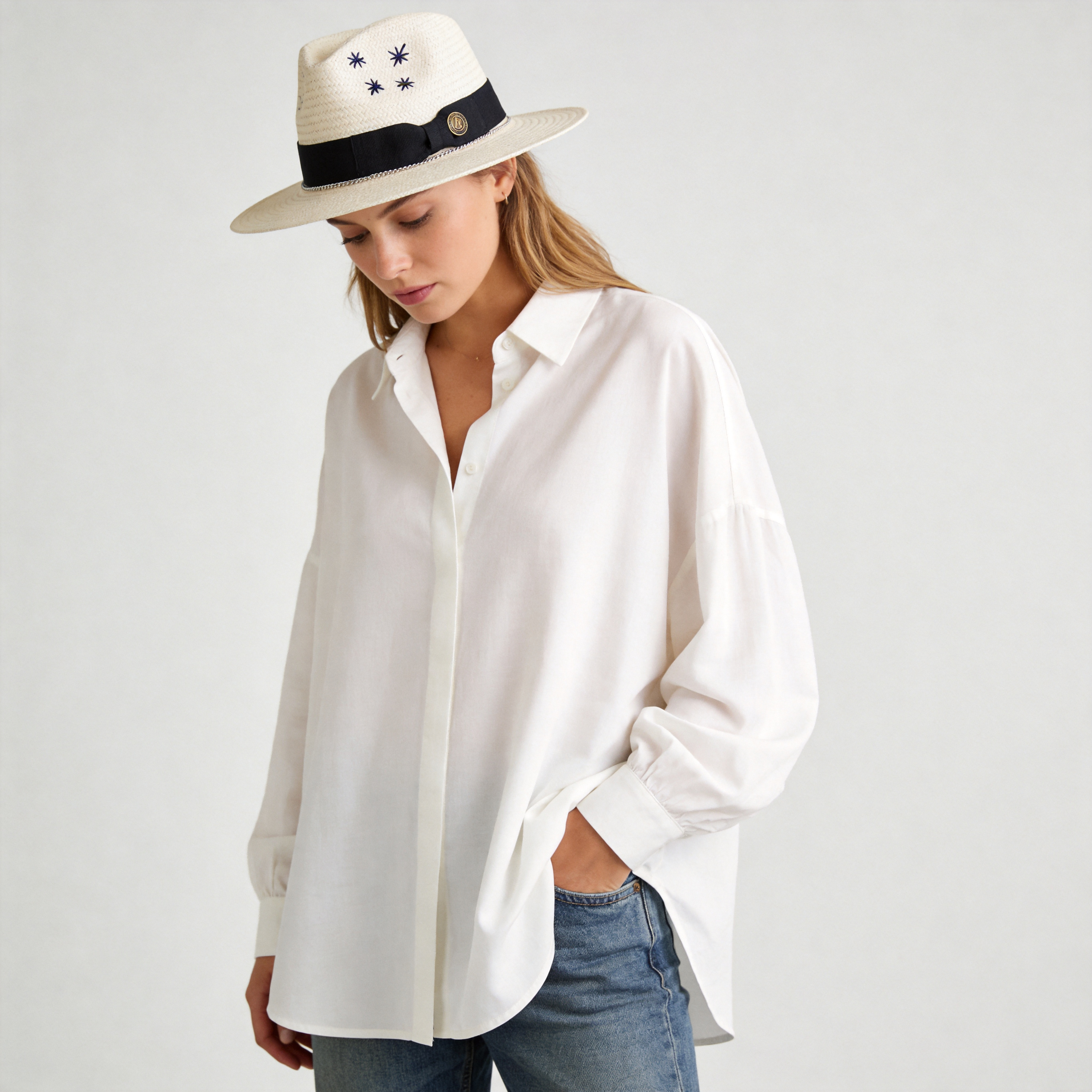 Off-White Straw Hat with Silver Chain & Star Stitching