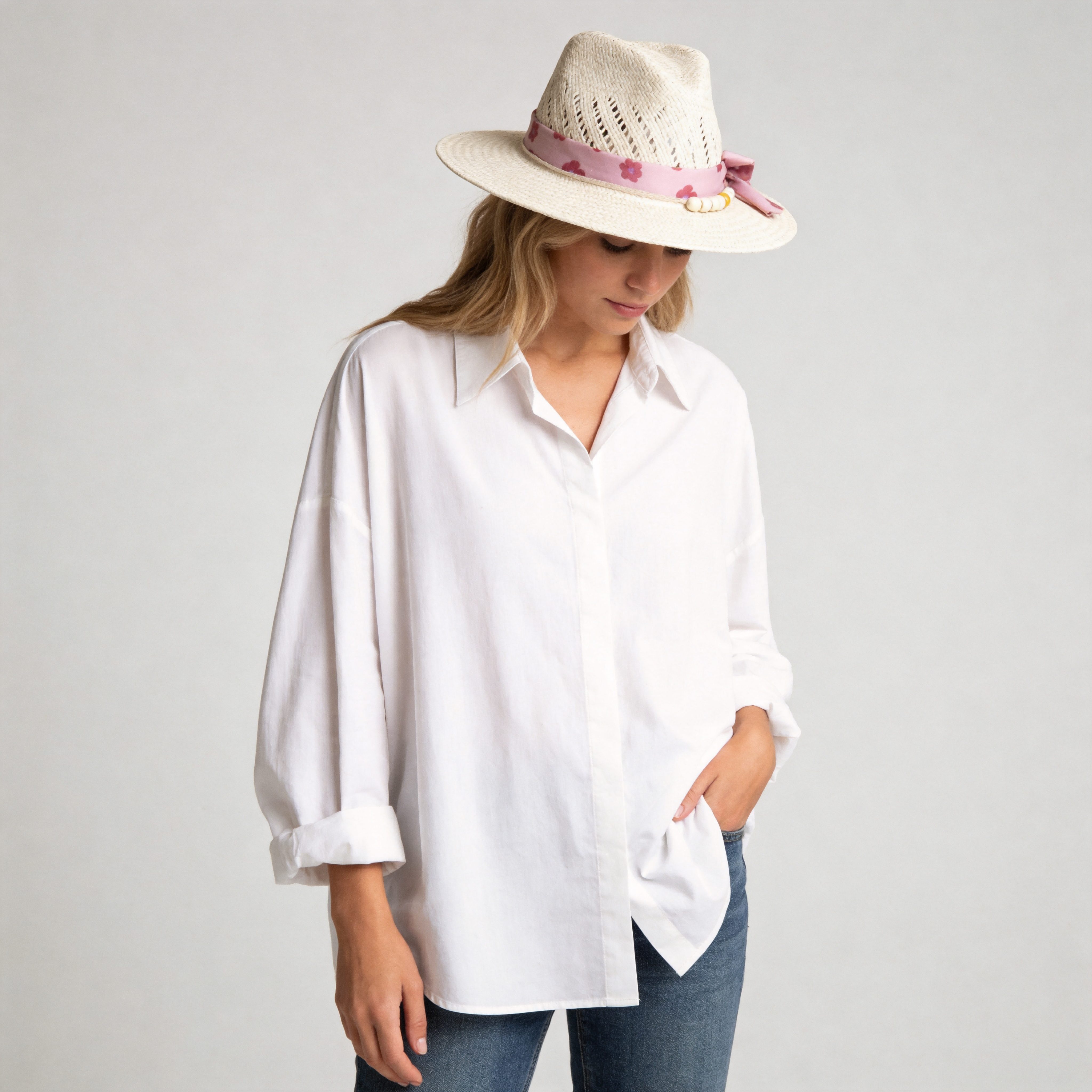 Off-White Straw Hat - Classic Teardrop with Pink Flower Strap