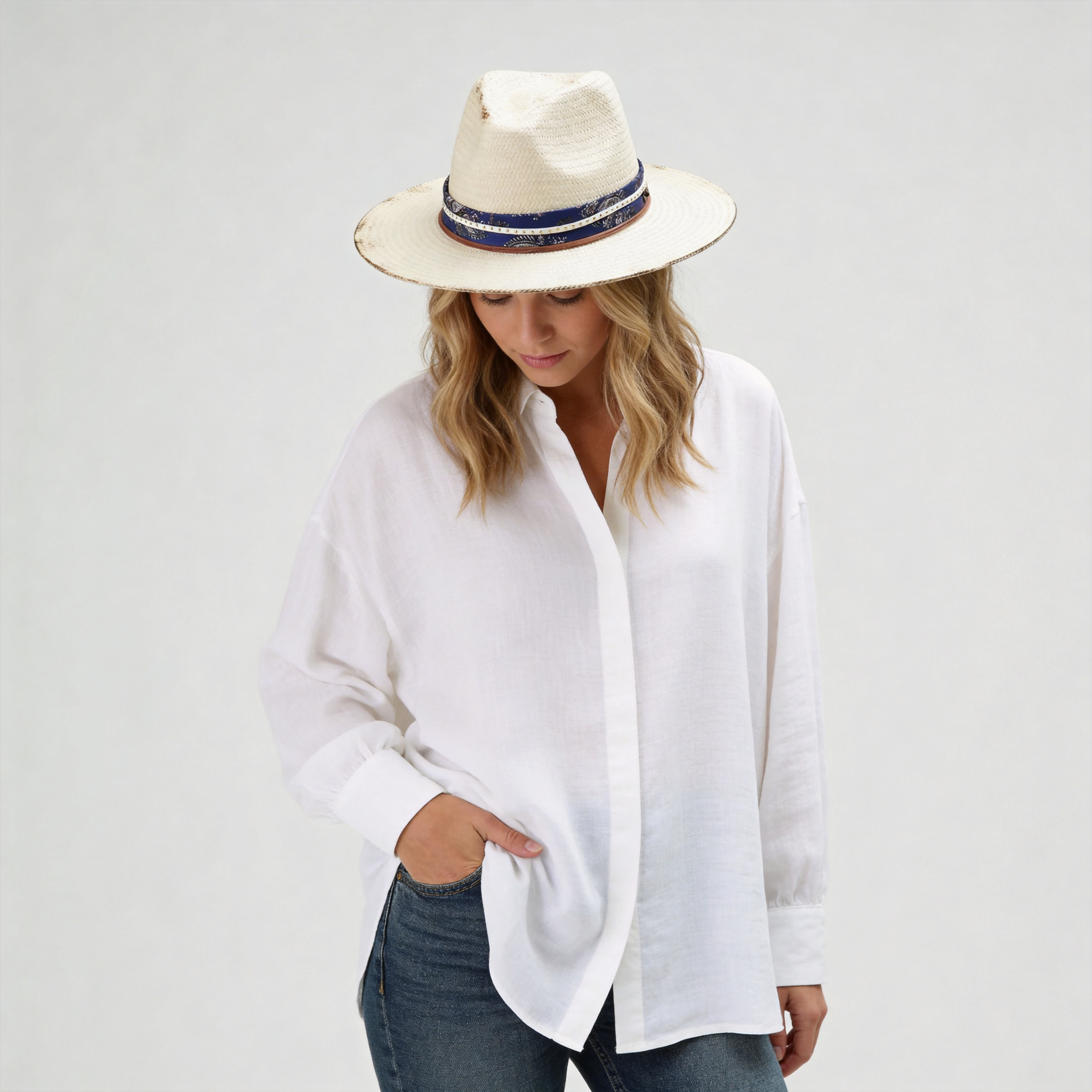 White Straw Hat with Printed Band & Thin Cords