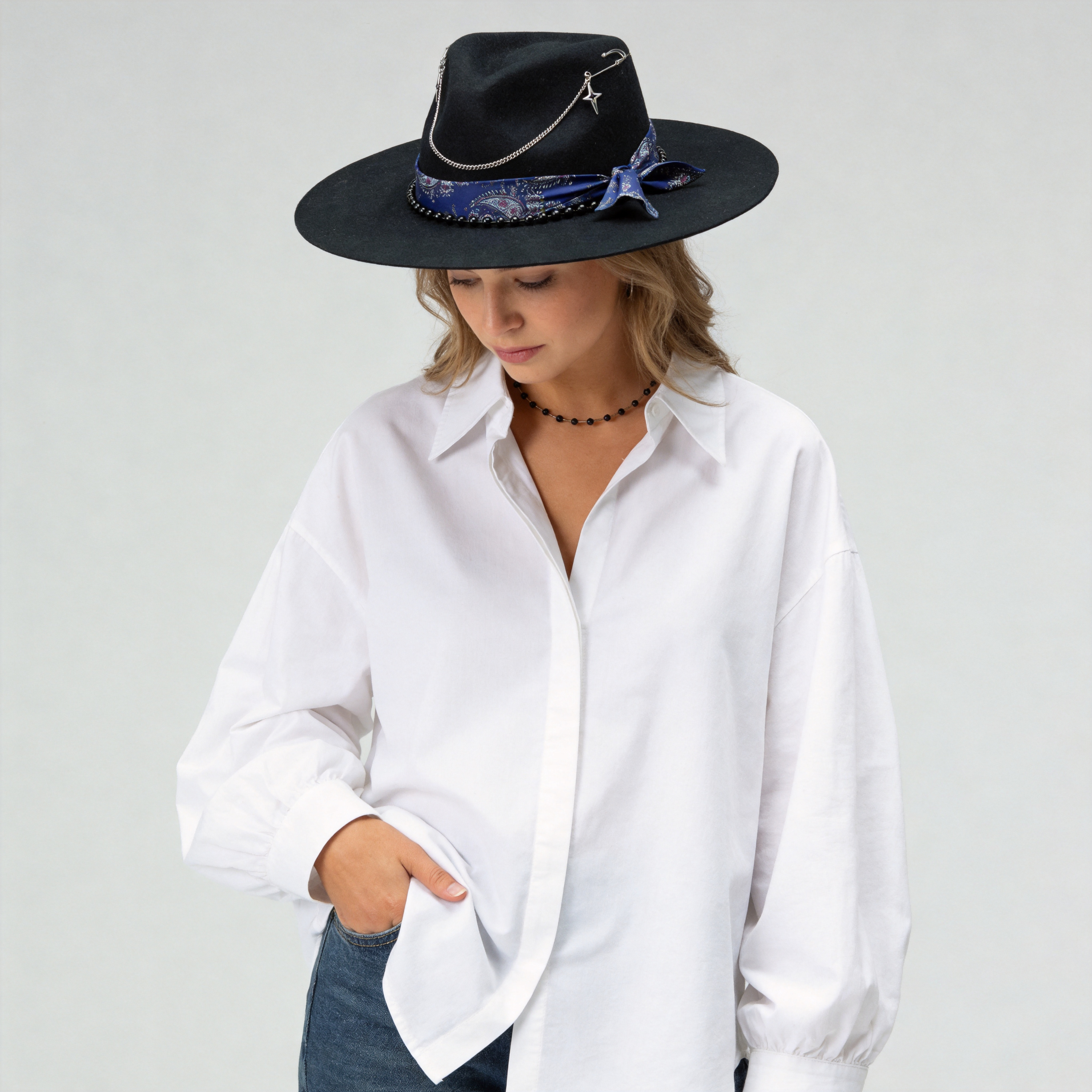 Edgy Black Hat: Beaded Band, Metal Chains, Pins