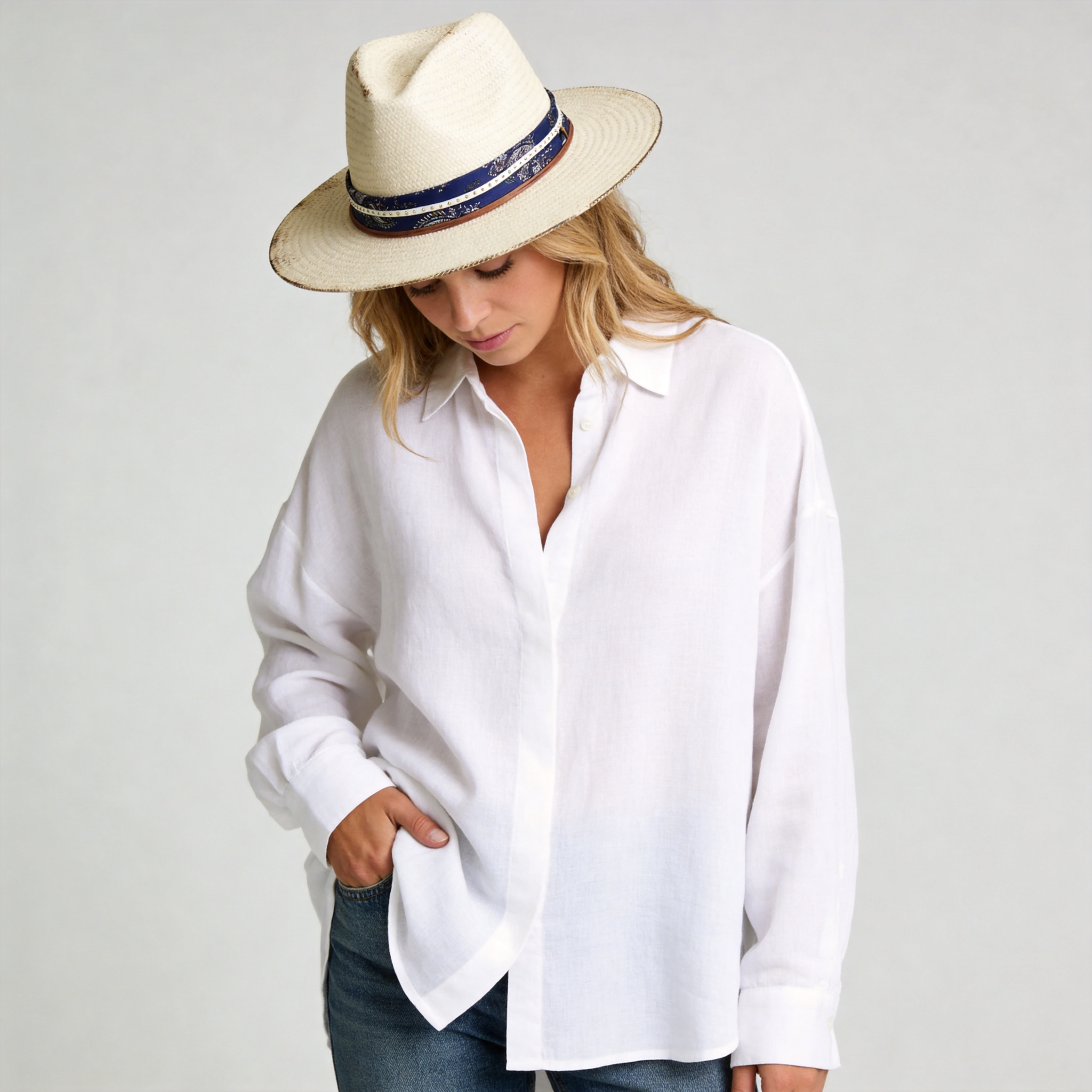 White Straw Hat with Printed Band & Thin Cords