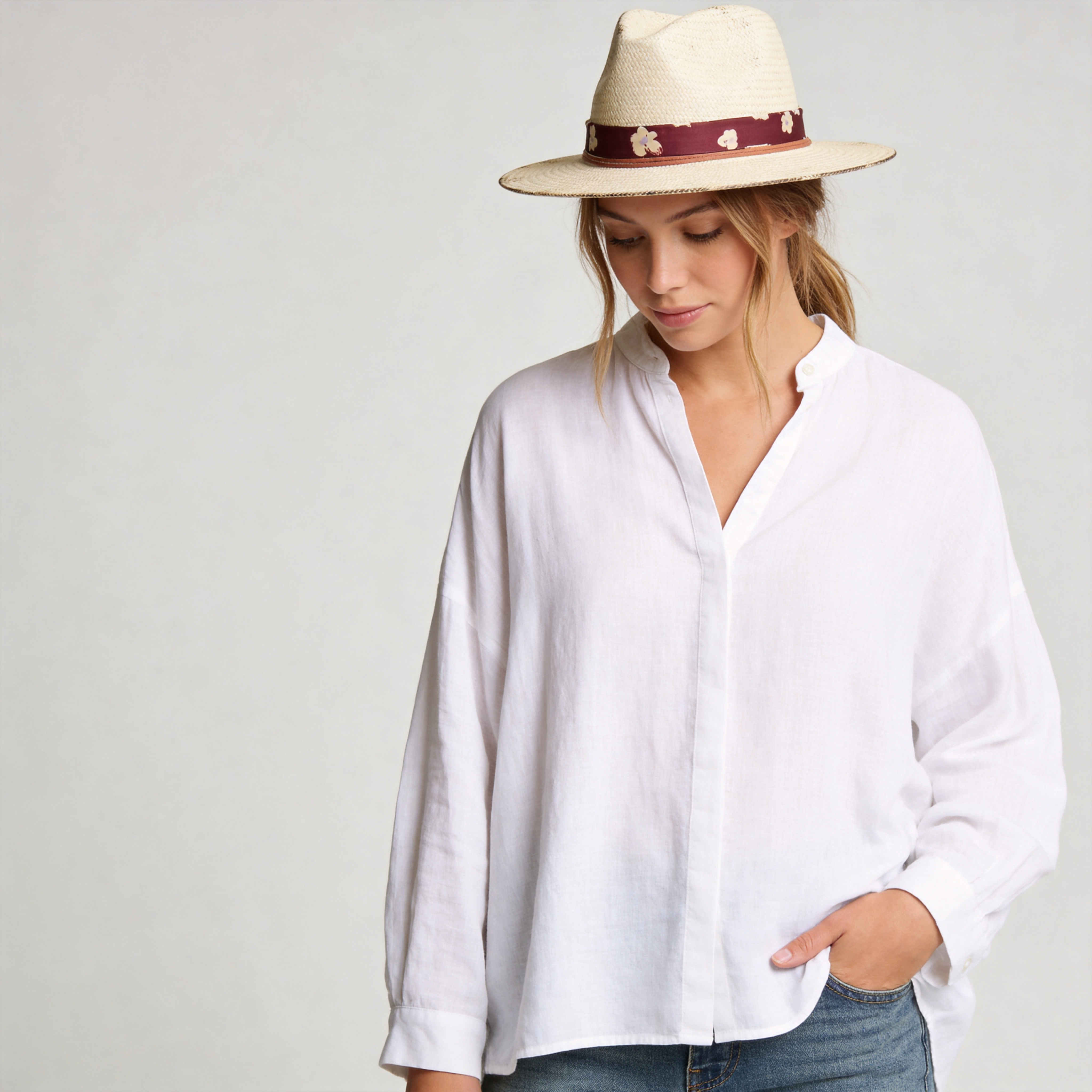 Beige Straw Hat with Floral Band & Burnt Edge Design