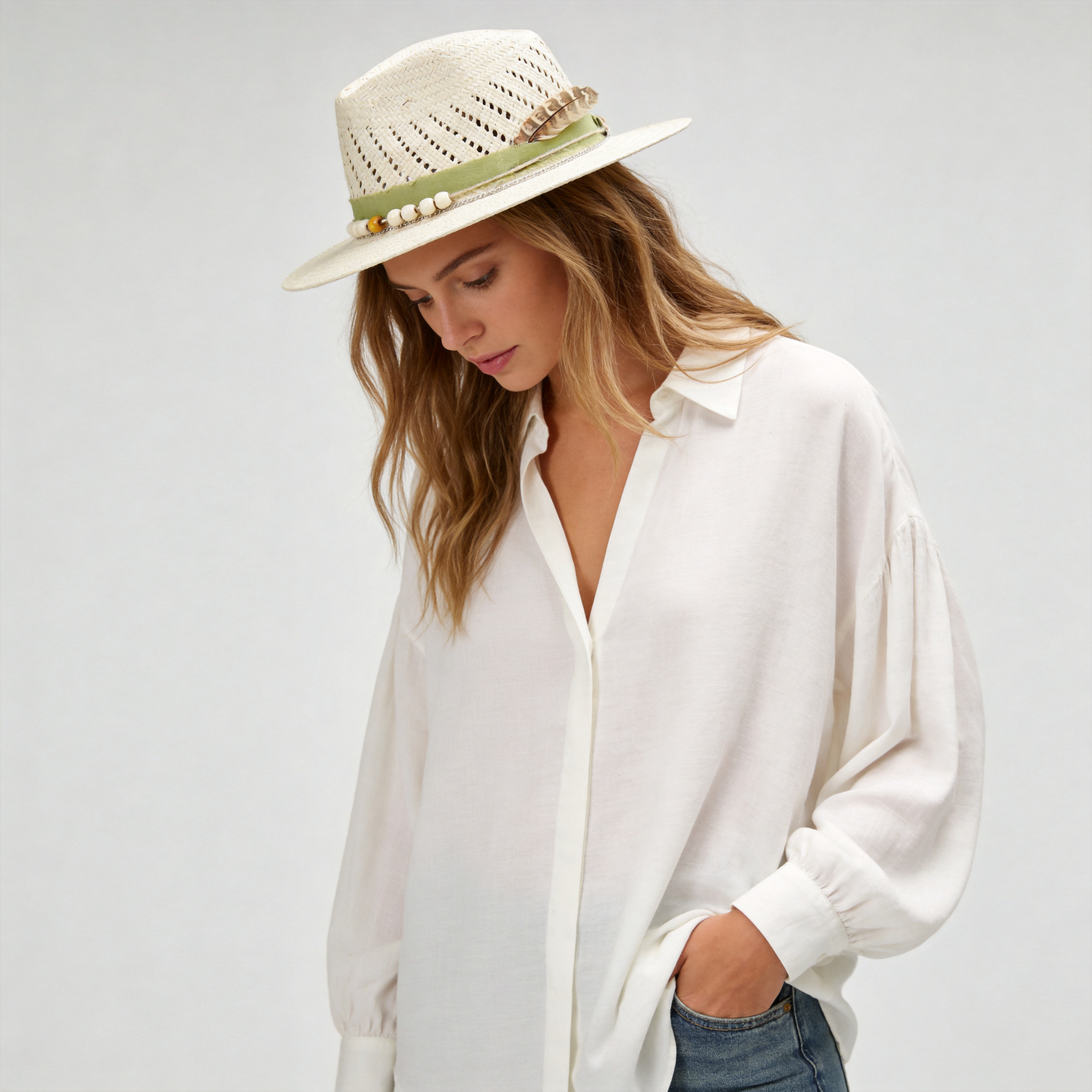 Off-White Straw Hat with Green Fabric Band & Silver Chain