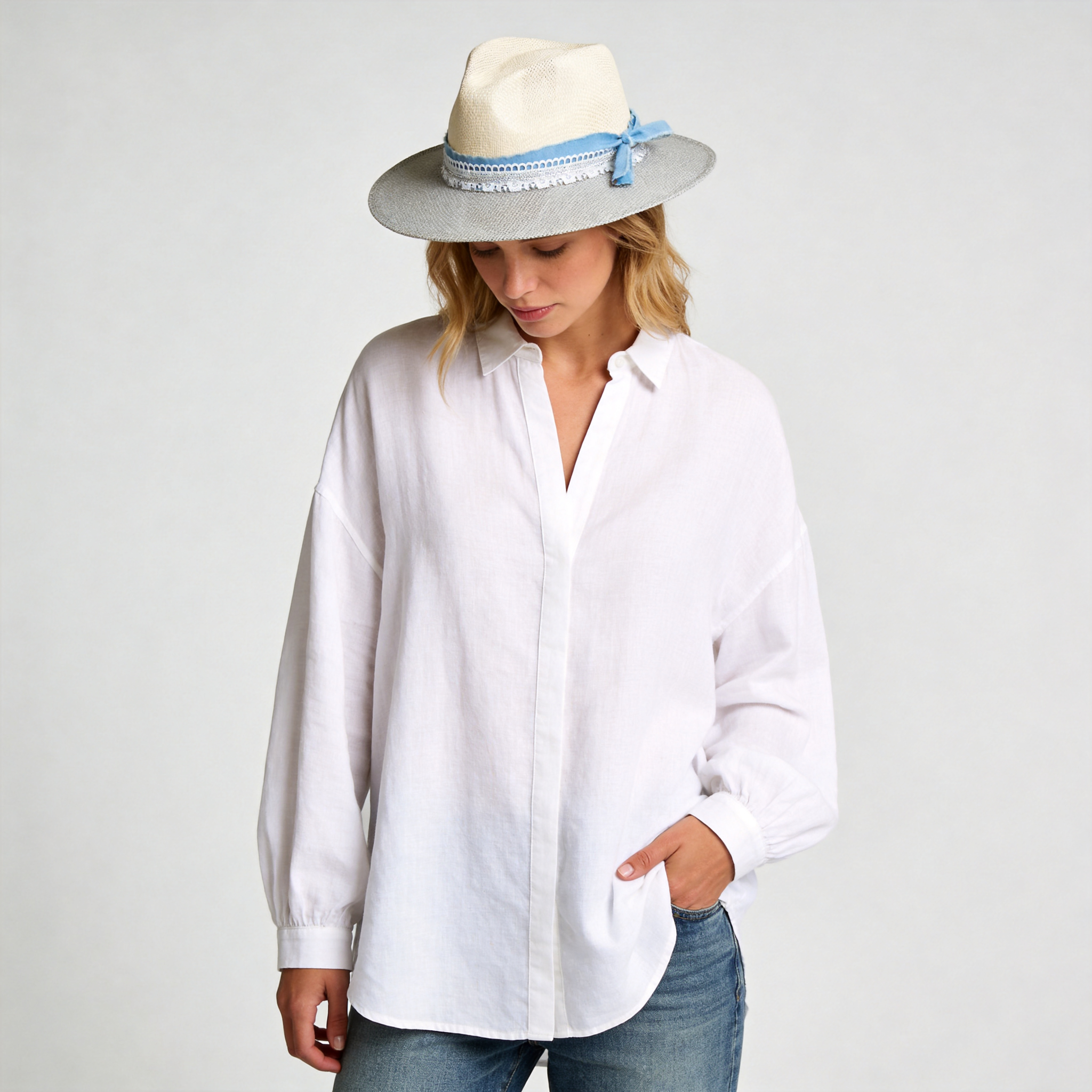 Two-Tone Straw Hat with Denim Band & Silver Chain