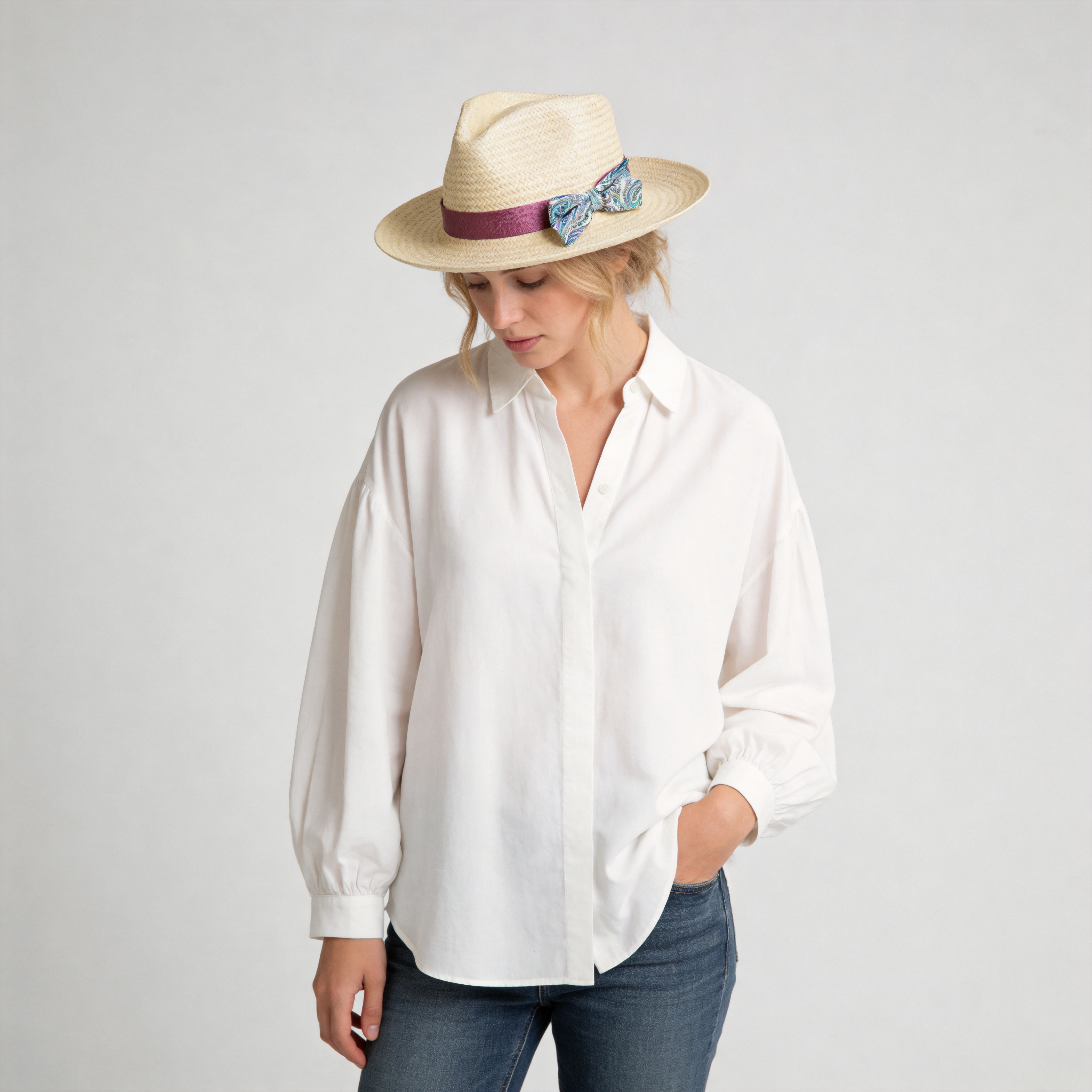 Beige Straw Hat with Purple Satin Bow Band
