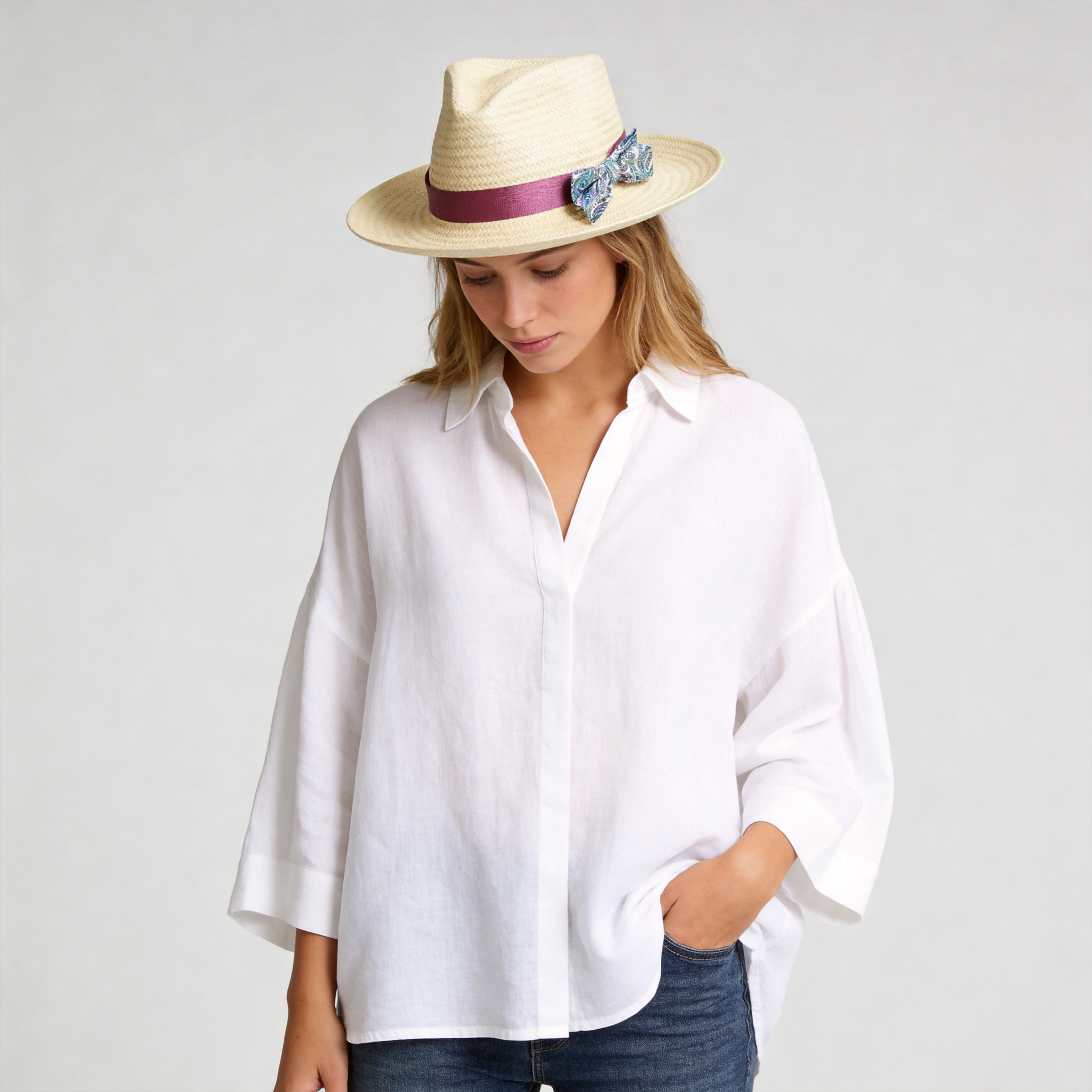 Beige Straw Hat with Purple Satin Bow Band