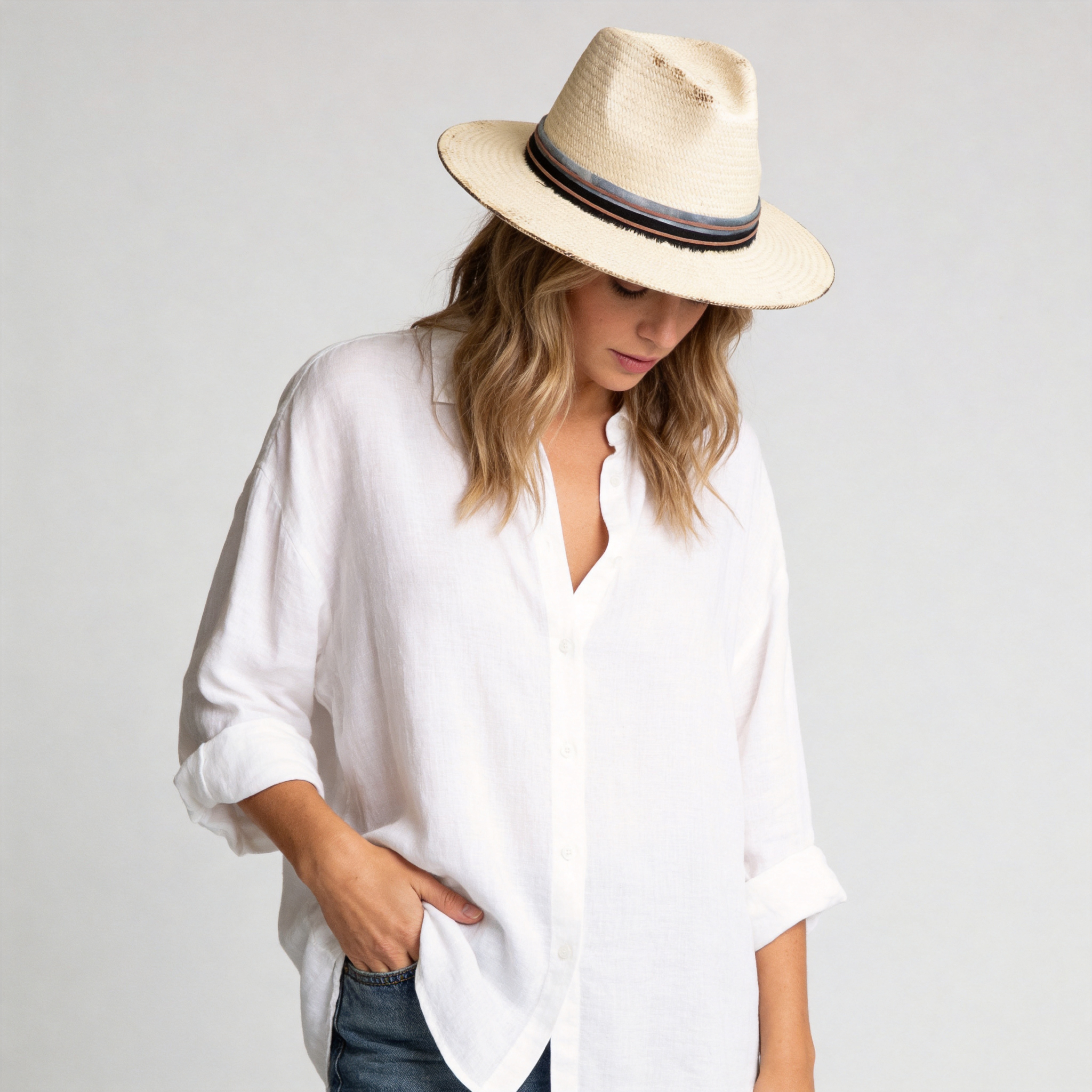 Beige Straw Hat with Brown Thin Cord & Burnt Edge Design