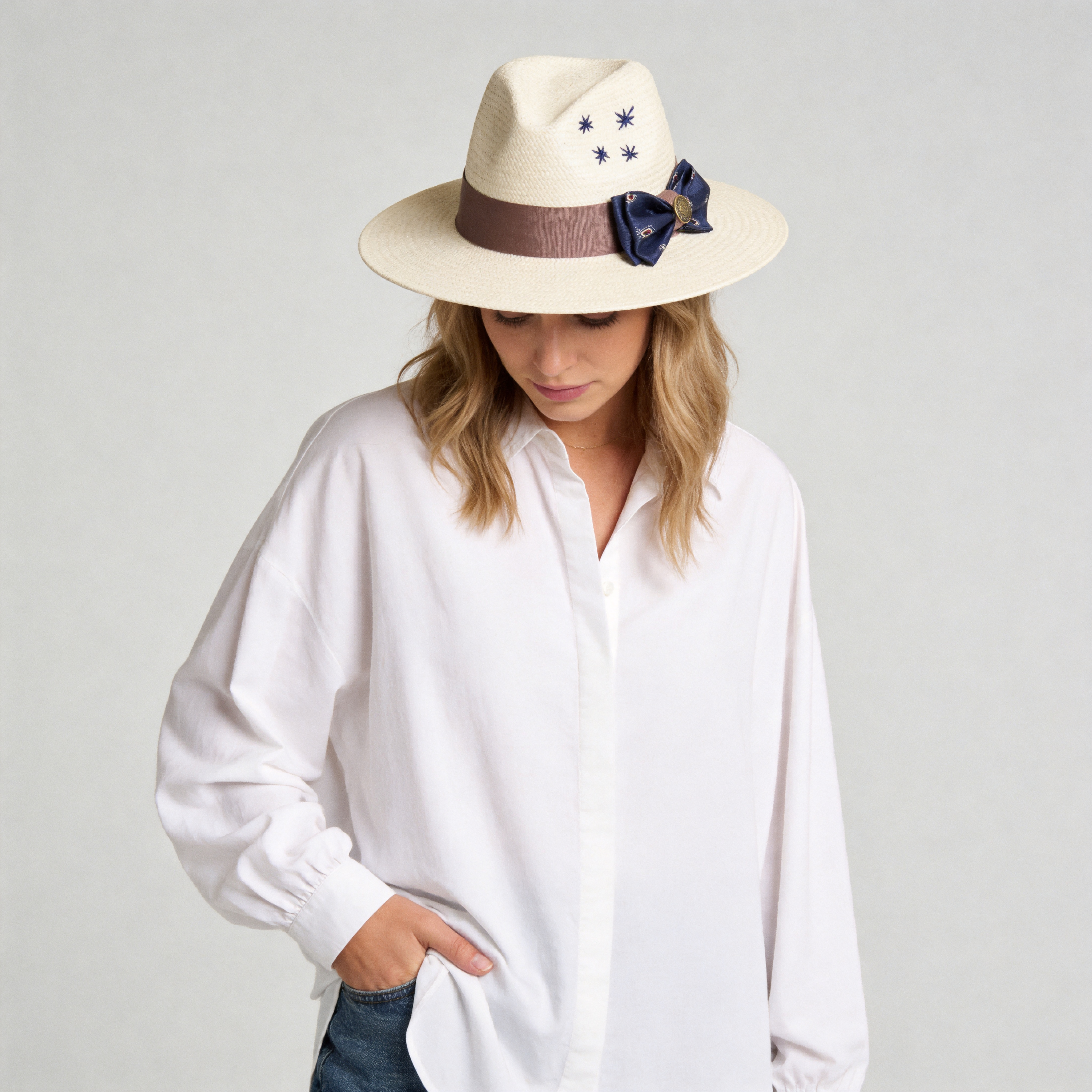 Beige Straw Hat with Delicate Bow & Star Stitching