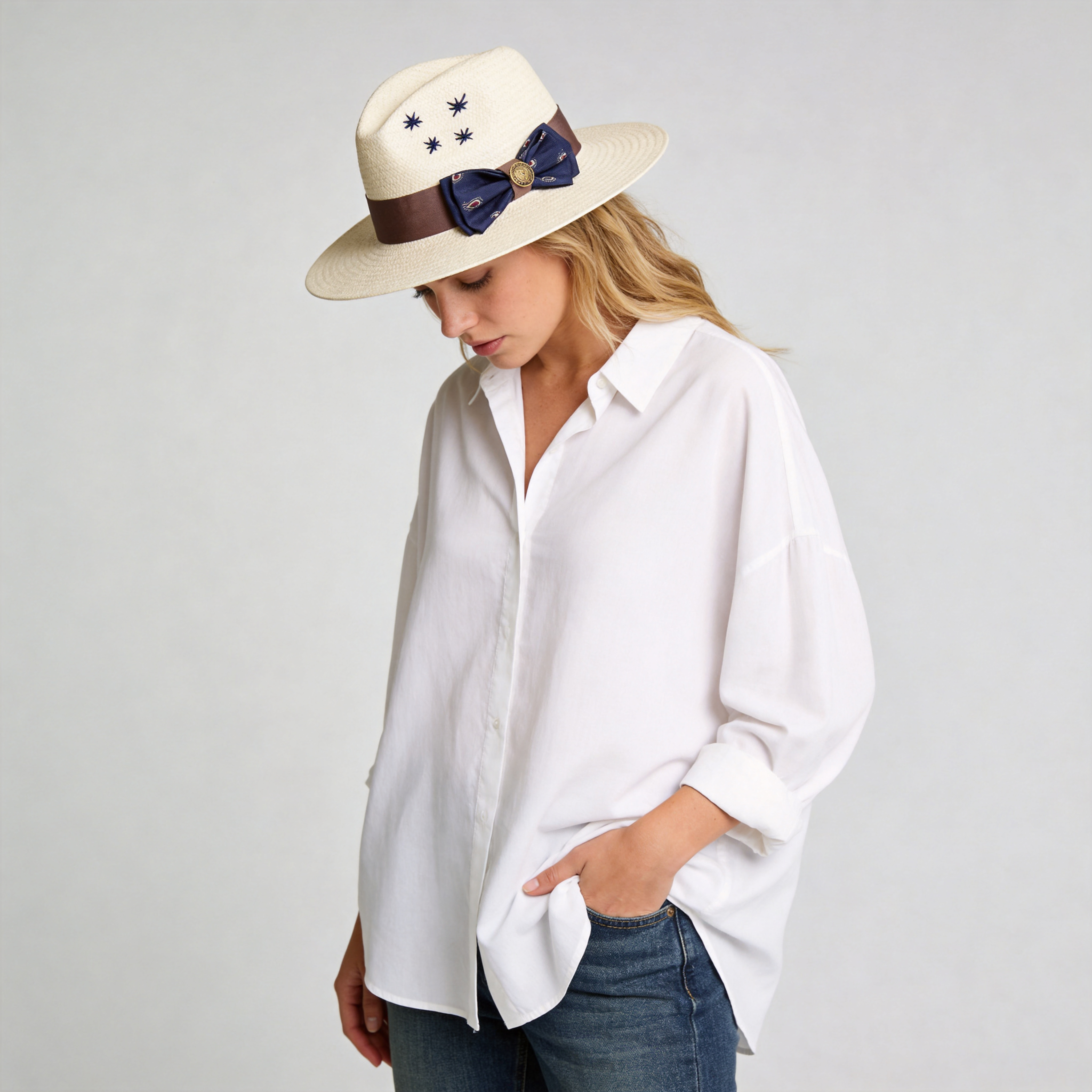 Beige Straw Hat with Delicate Bow & Star Stitching