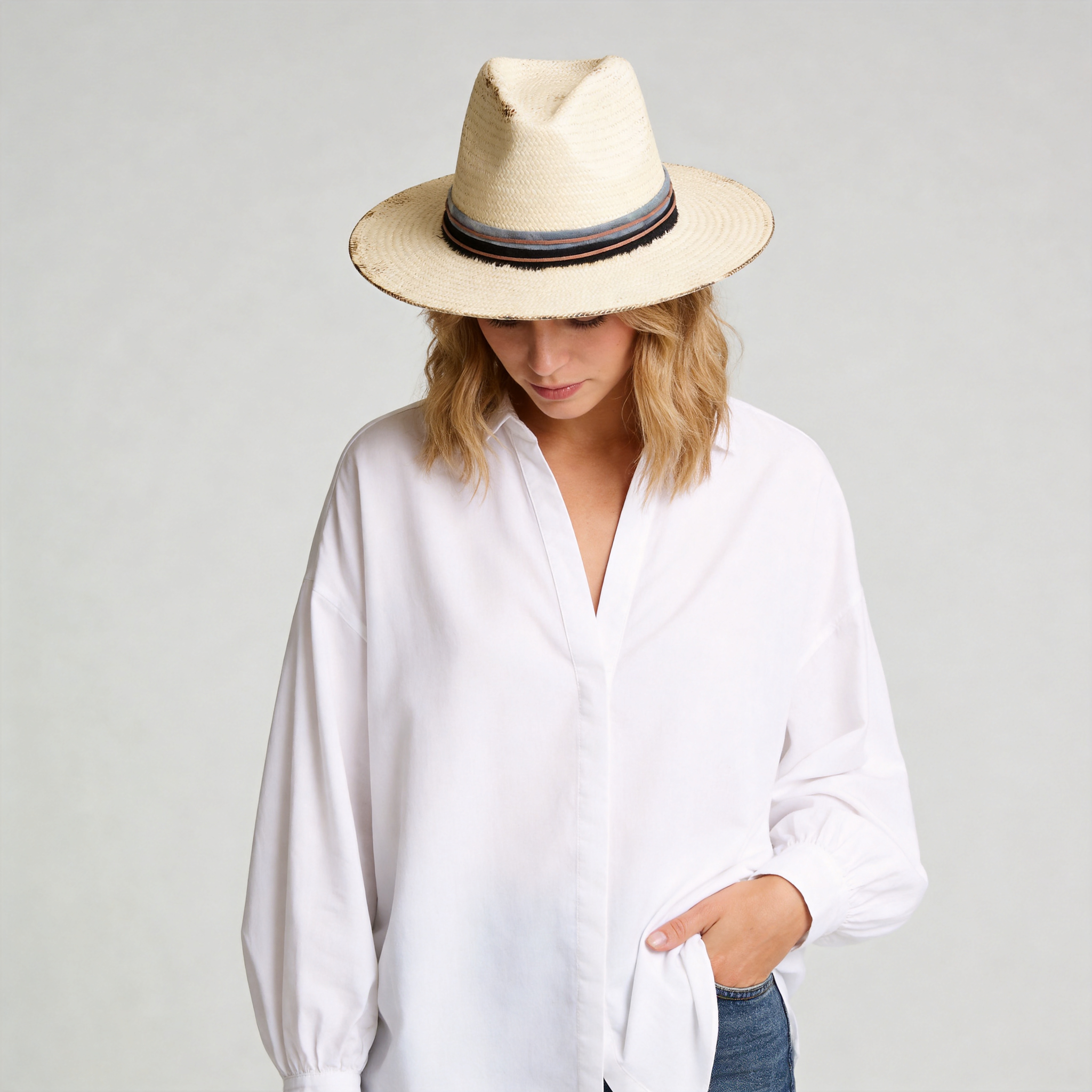 Beige Straw Hat with Brown Thin Cord & Burnt Edge Design