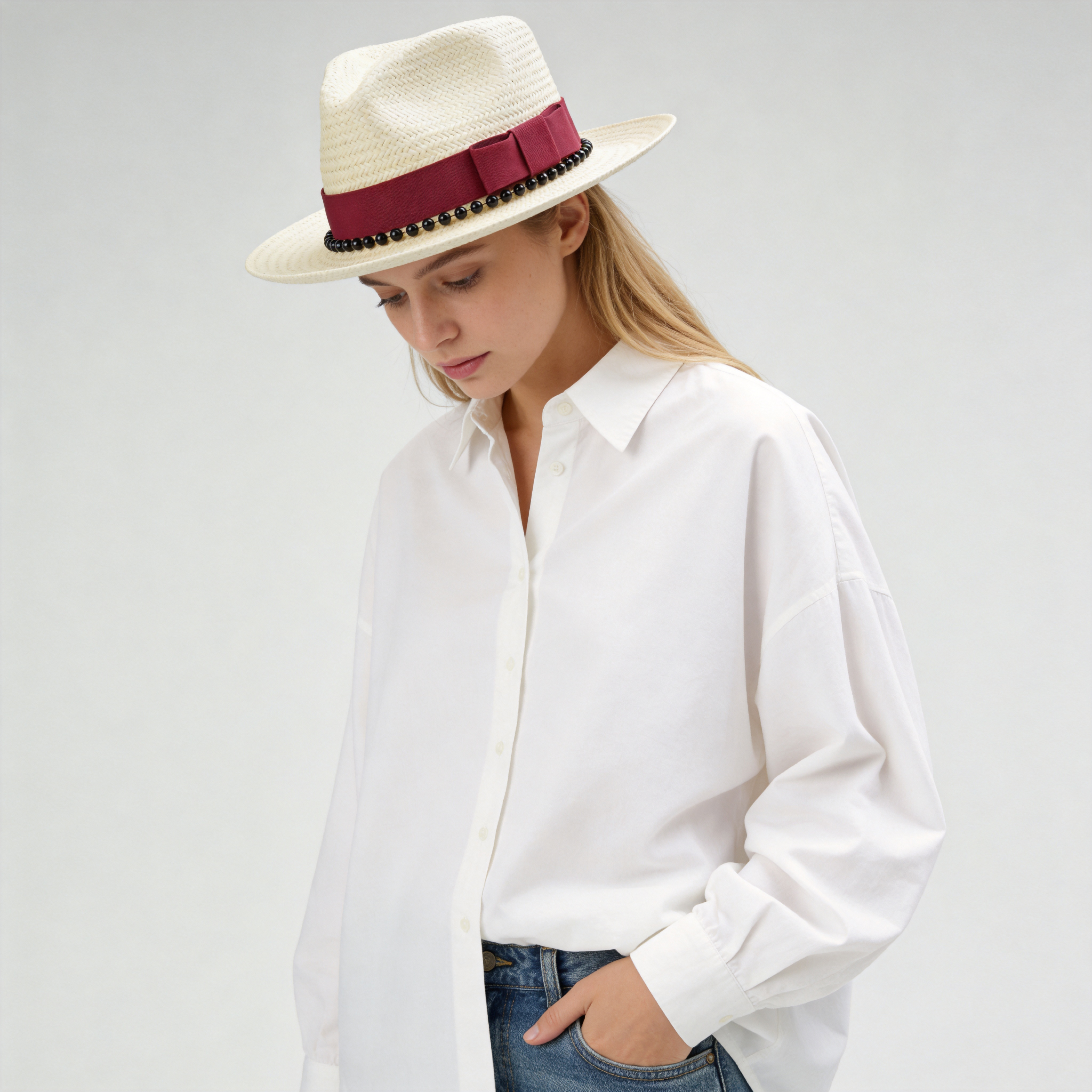 Beige Straw Hat with Dark Red Wide Band & Black Beads