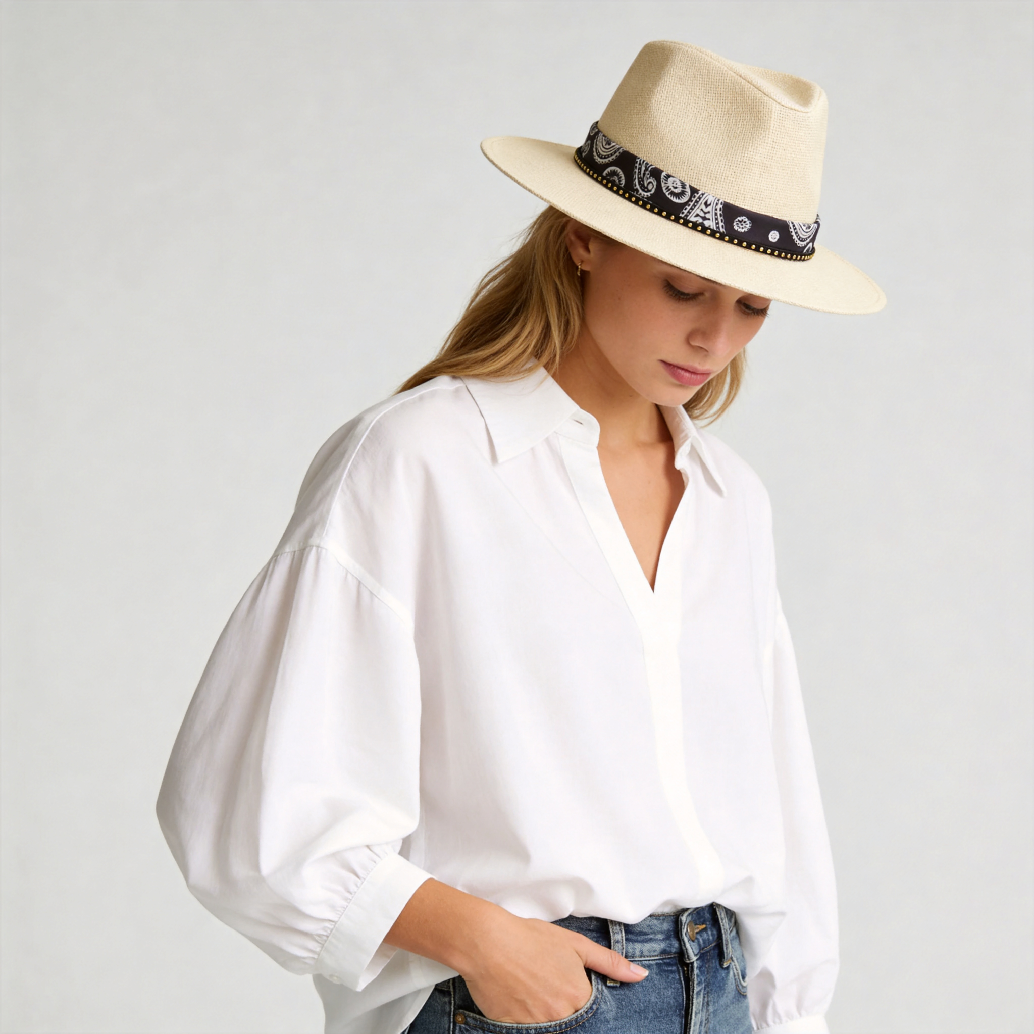 Off-White Straw Hat with Black & White Pattern Band