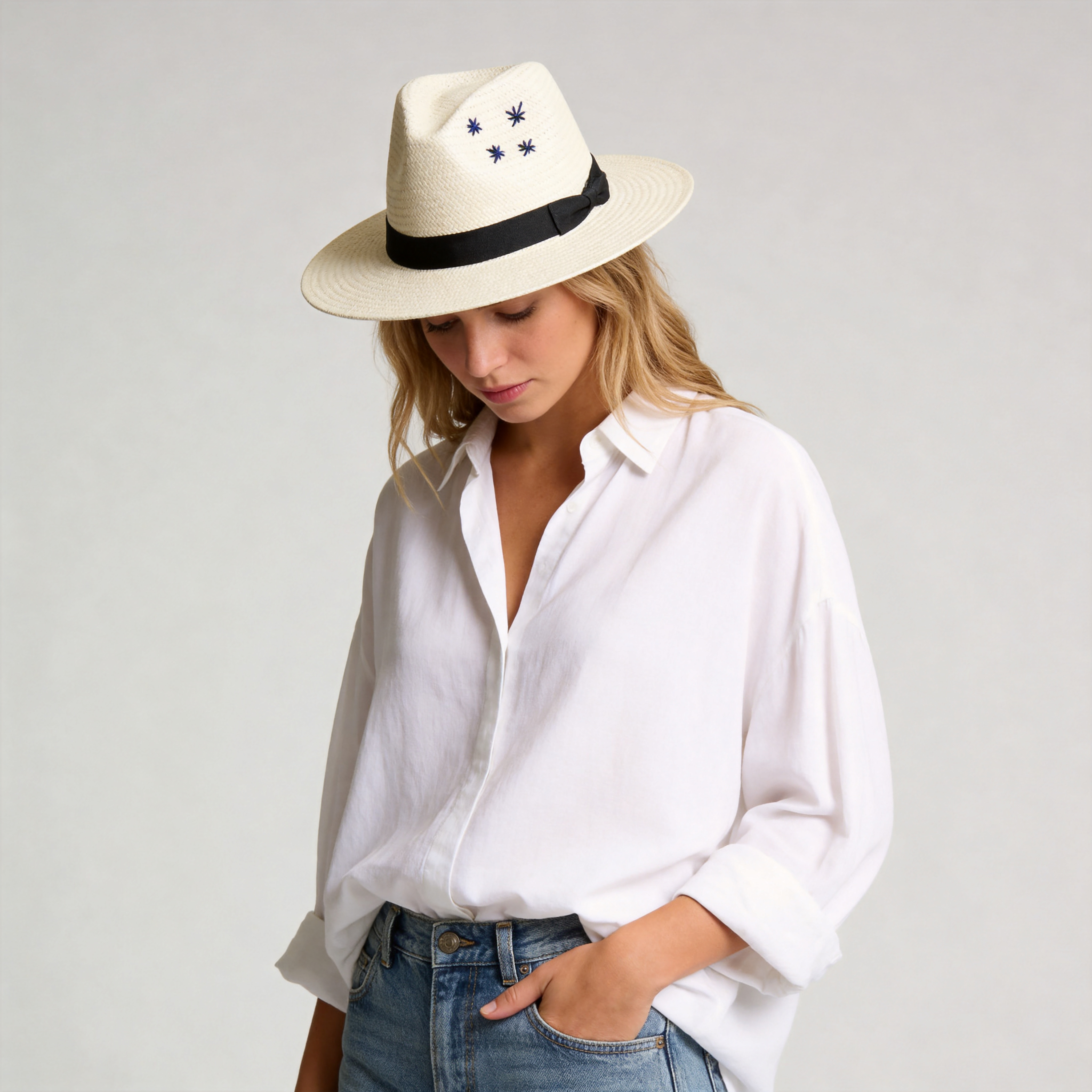 Off-White Straw Hat - Classic Teardrop with Star Detail