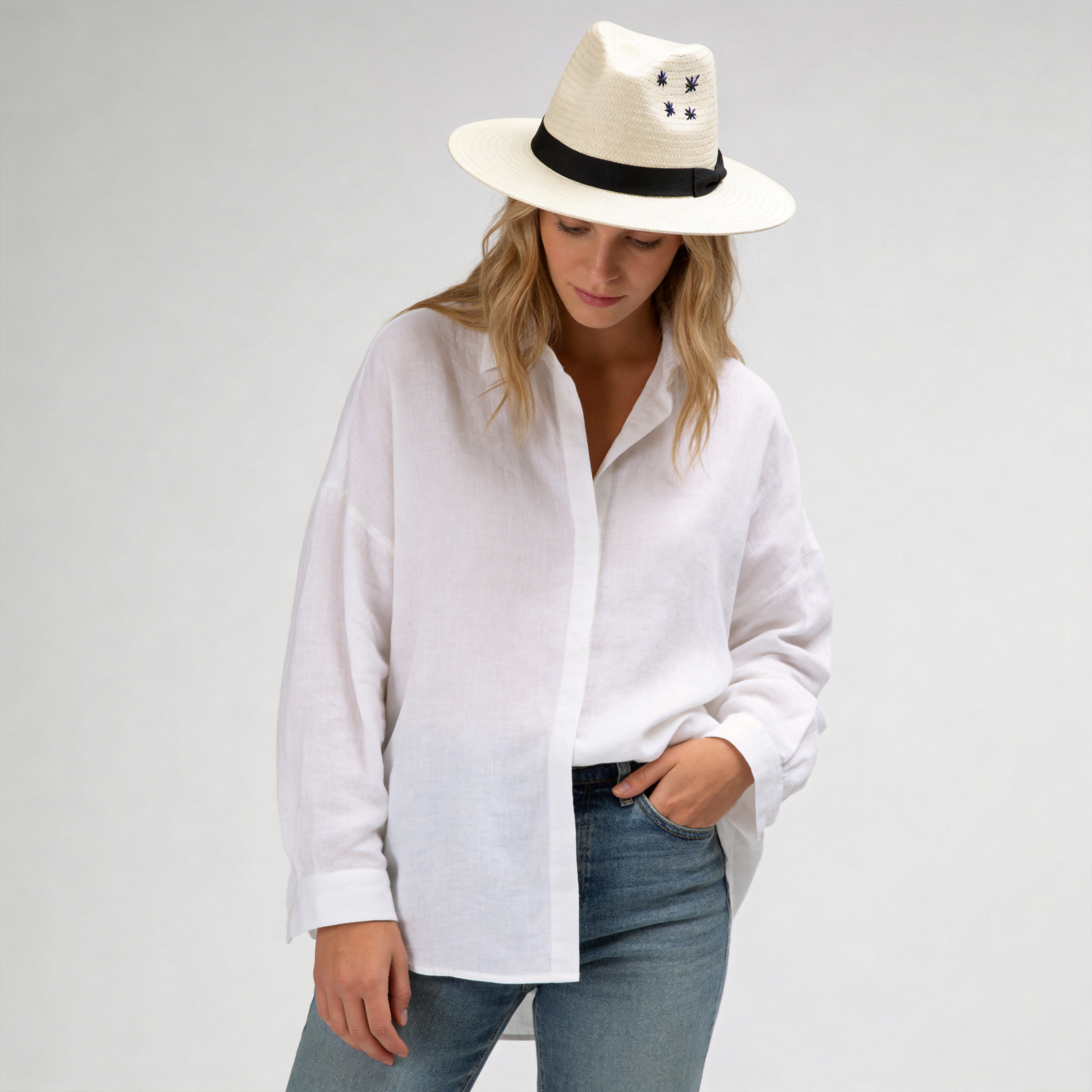 Off-White Straw Hat - Classic Teardrop with Star Detail