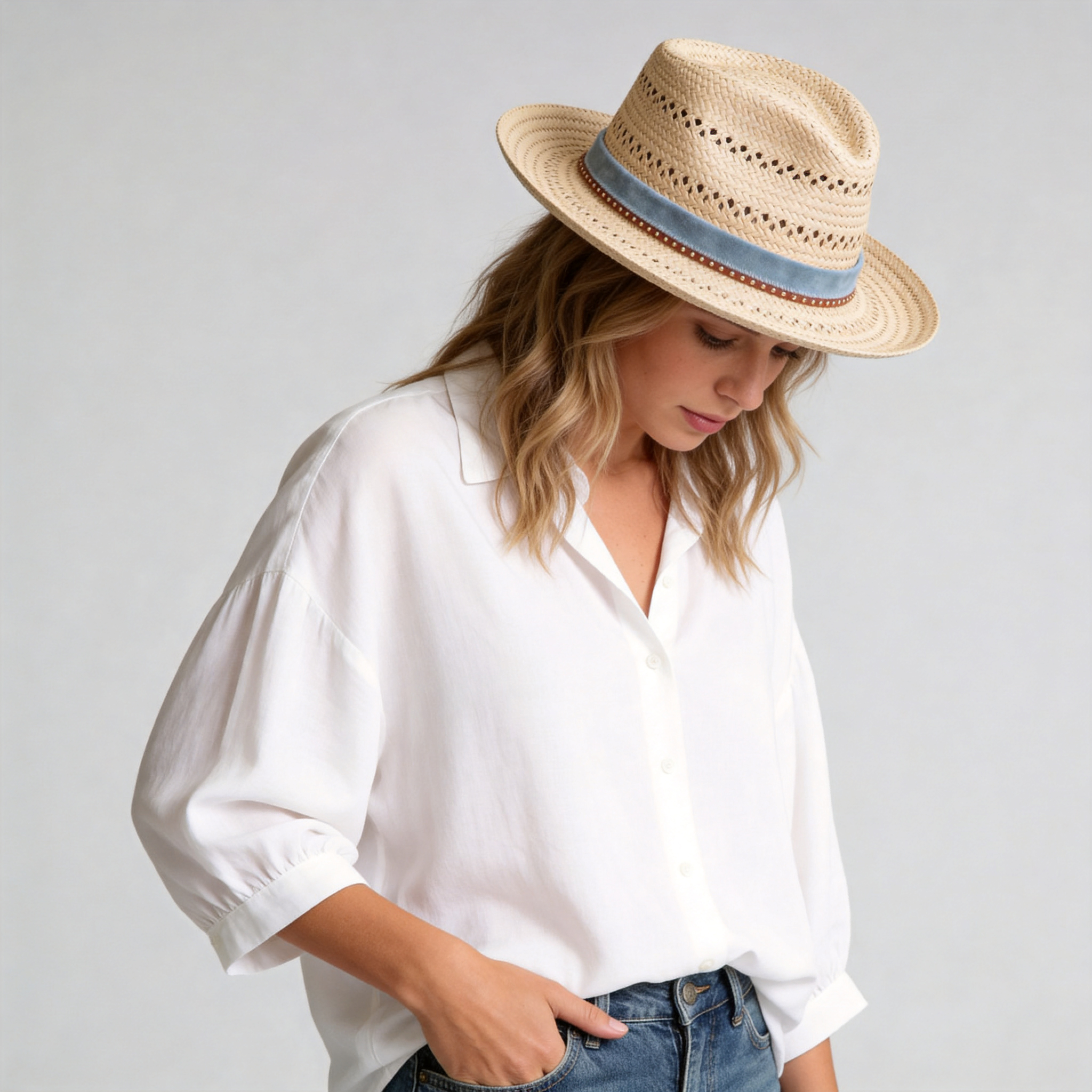 Natural Straw Hat with Cutout Crown & Blue Fabric Band