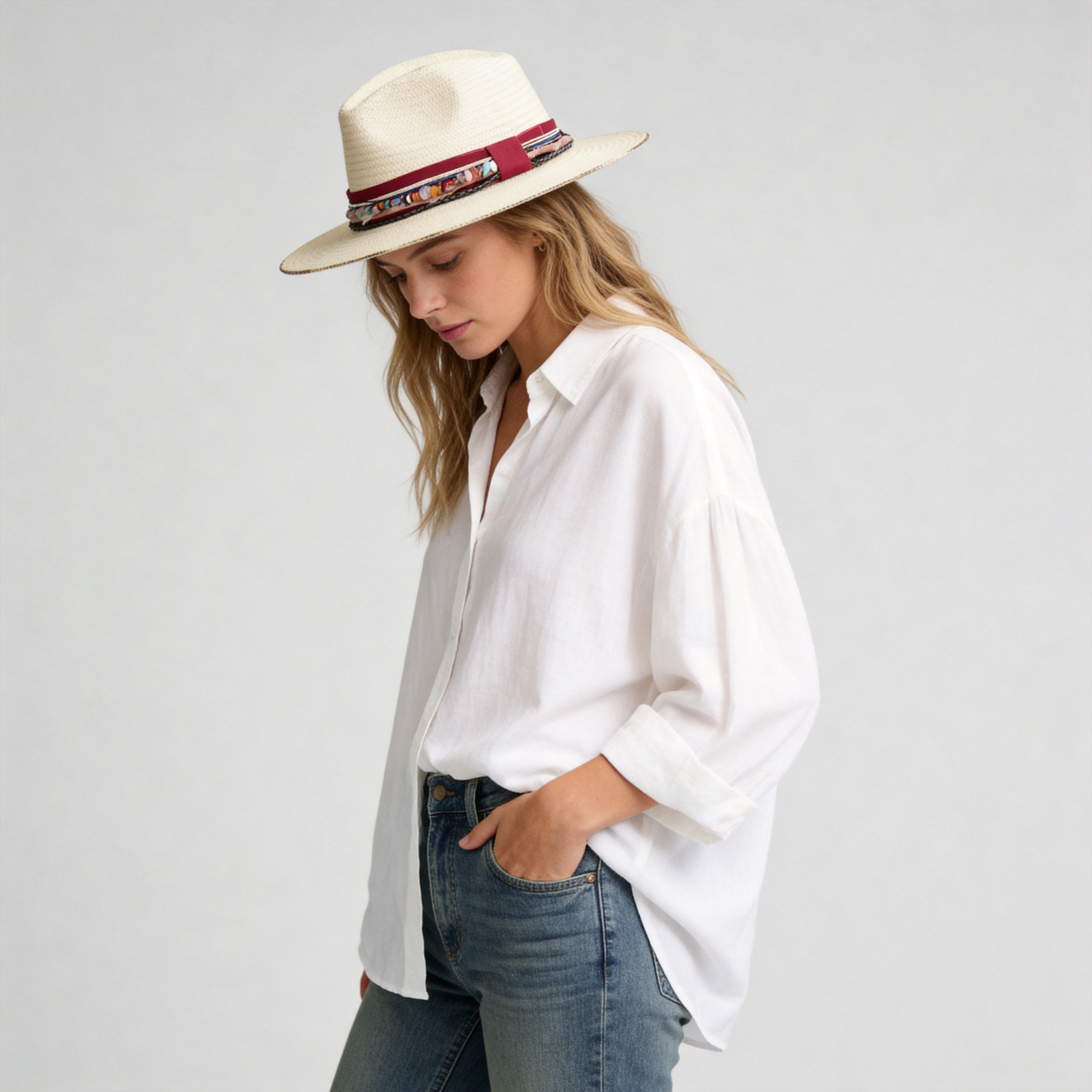 Classic Gus Crown - Off-White with Dark Red Fabric Accent