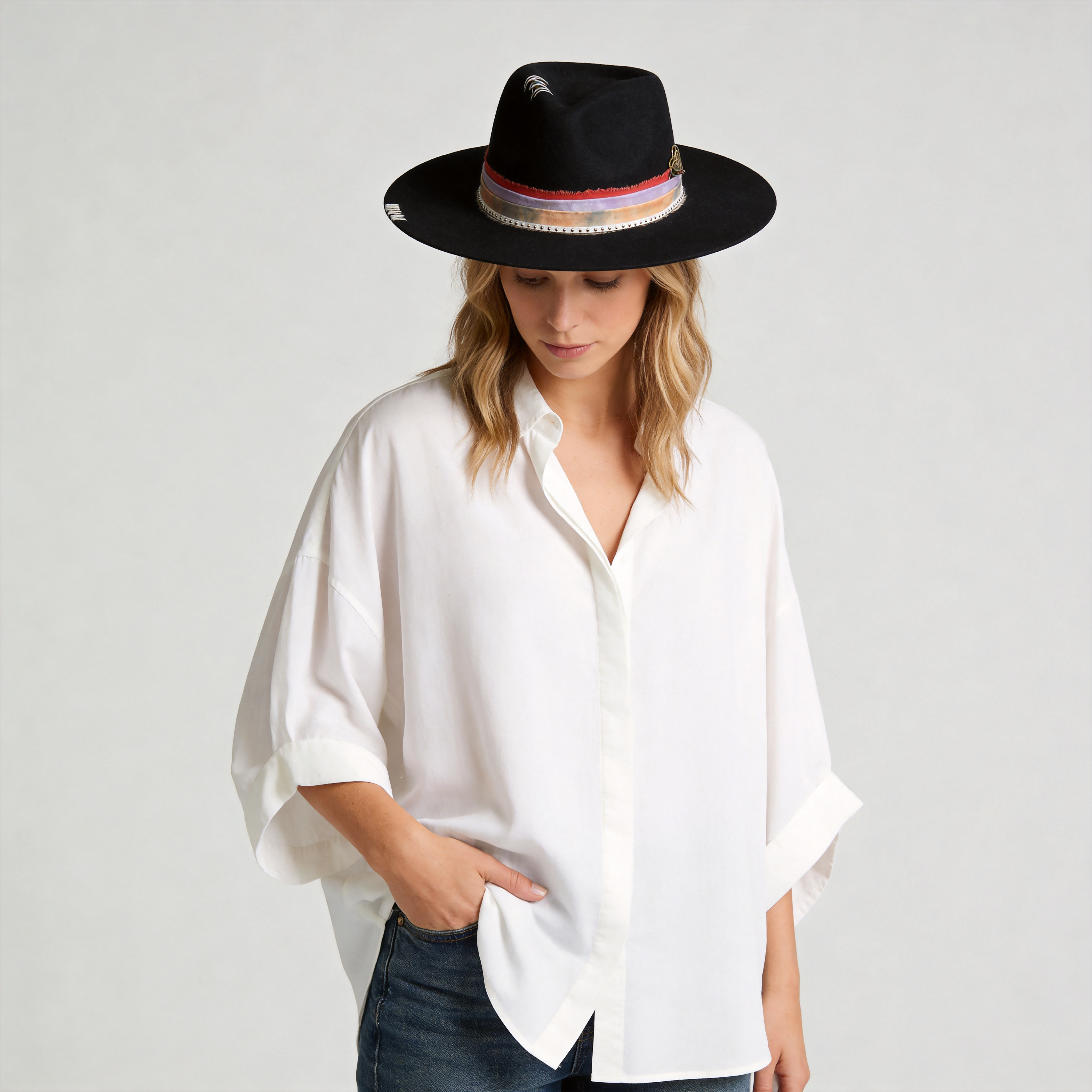 Flat-Brim Hat – Black, Tie-Dye Trim, Metal Accent