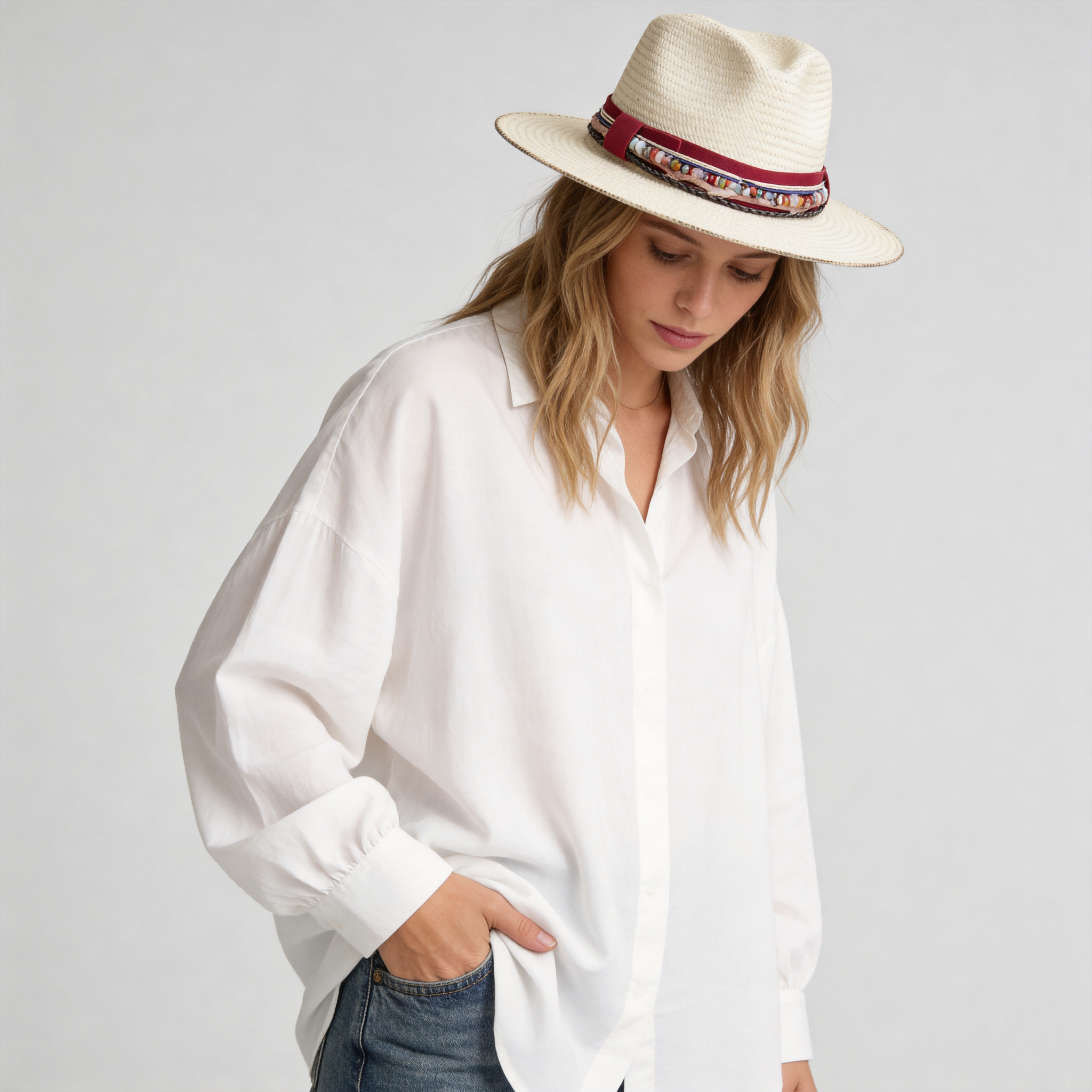Classic Gus Crown - Off-White with Dark Red Fabric Accent