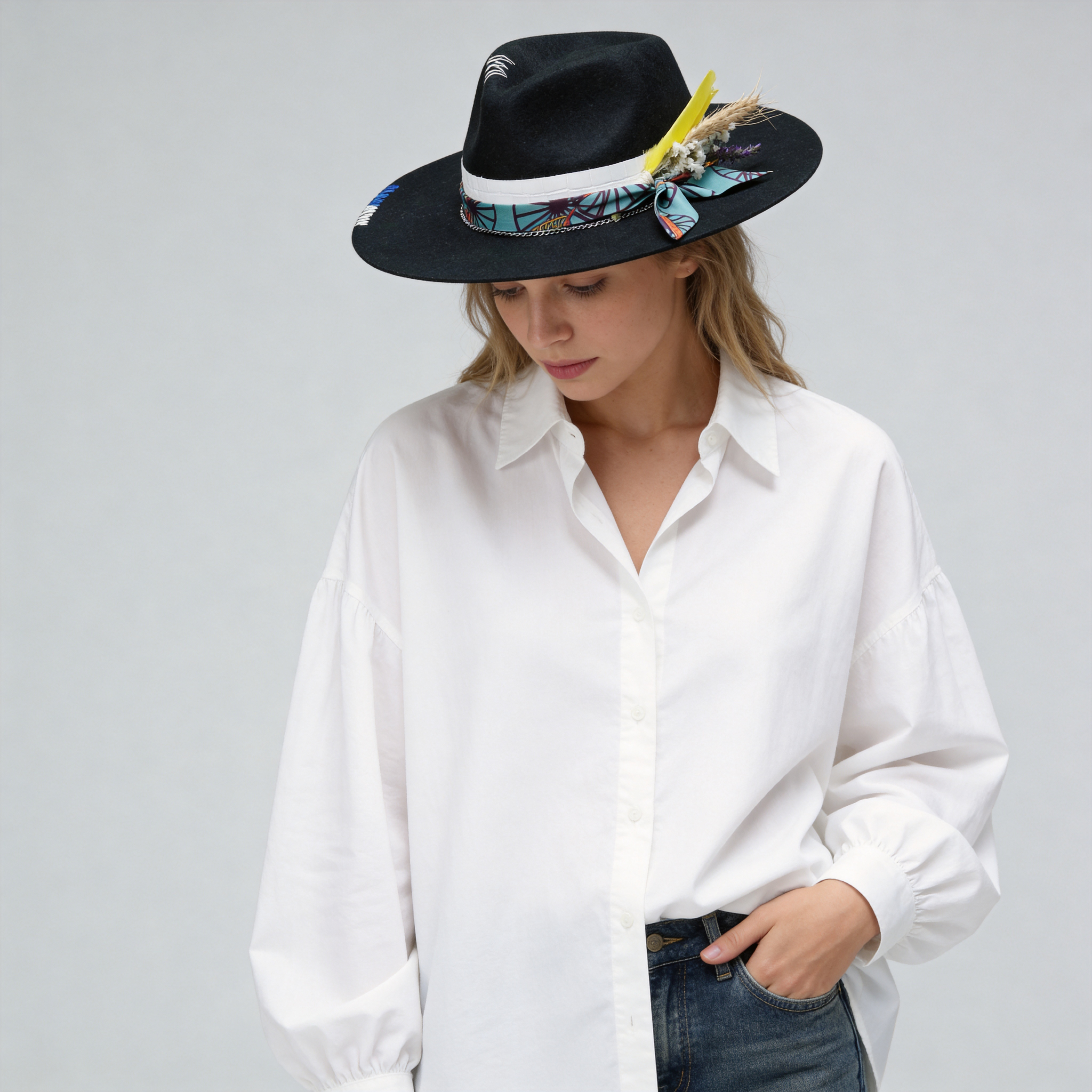 Black Straight Brim Felt Hat with Floral & Croc Band