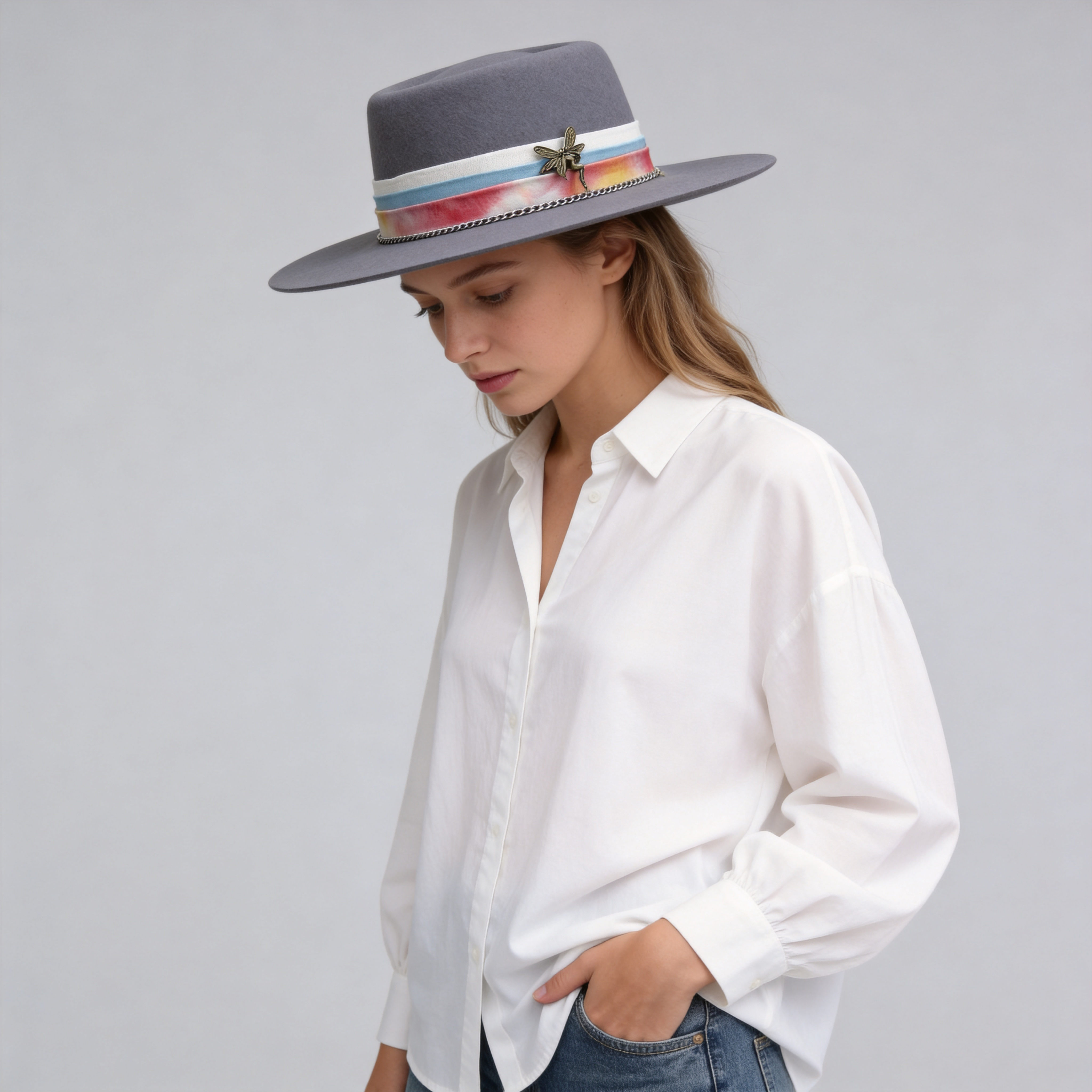 Gray Flat Brim Felt Hat with Vintage Bronze Pin