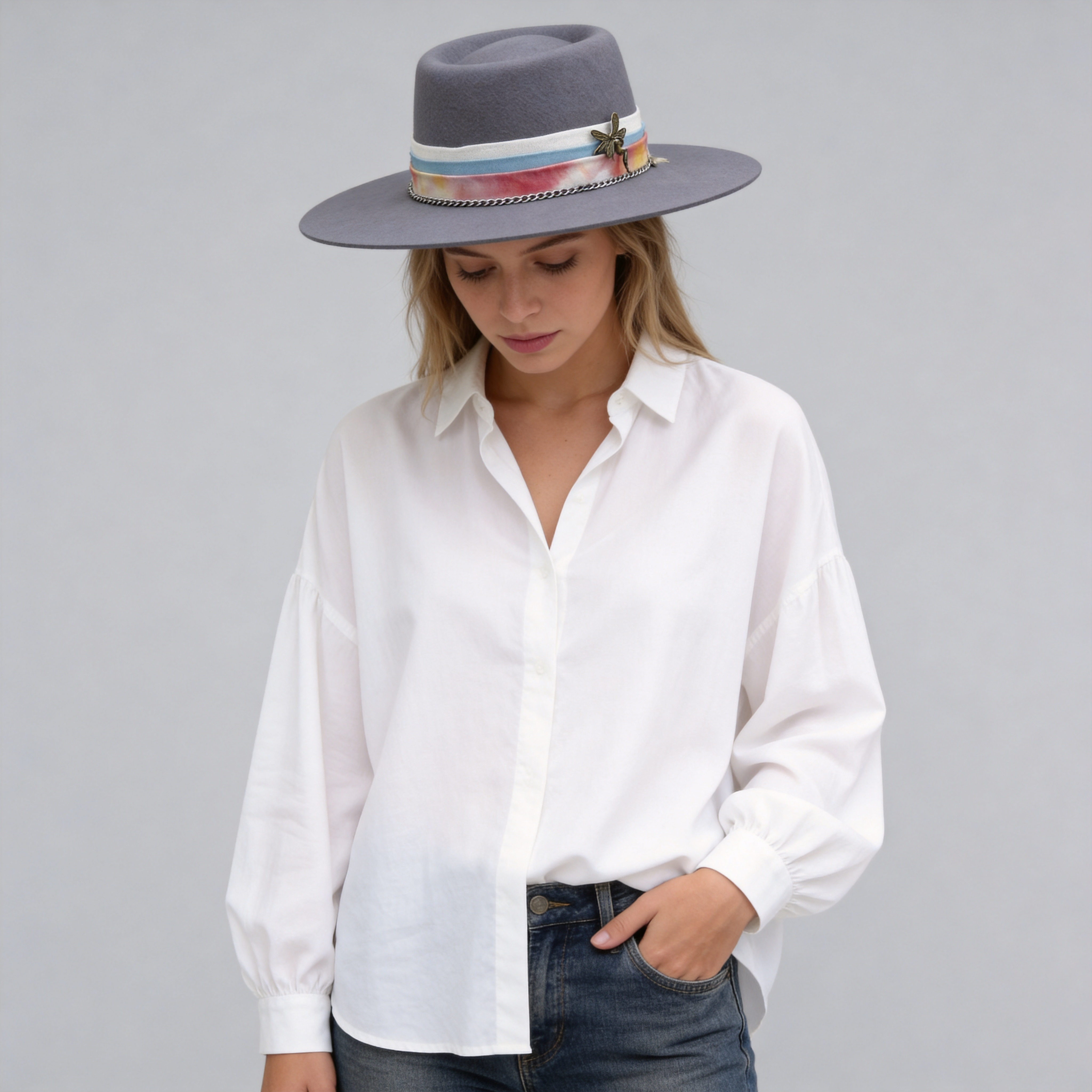 Gray Flat Brim Felt Hat with Vintage Bronze Pin