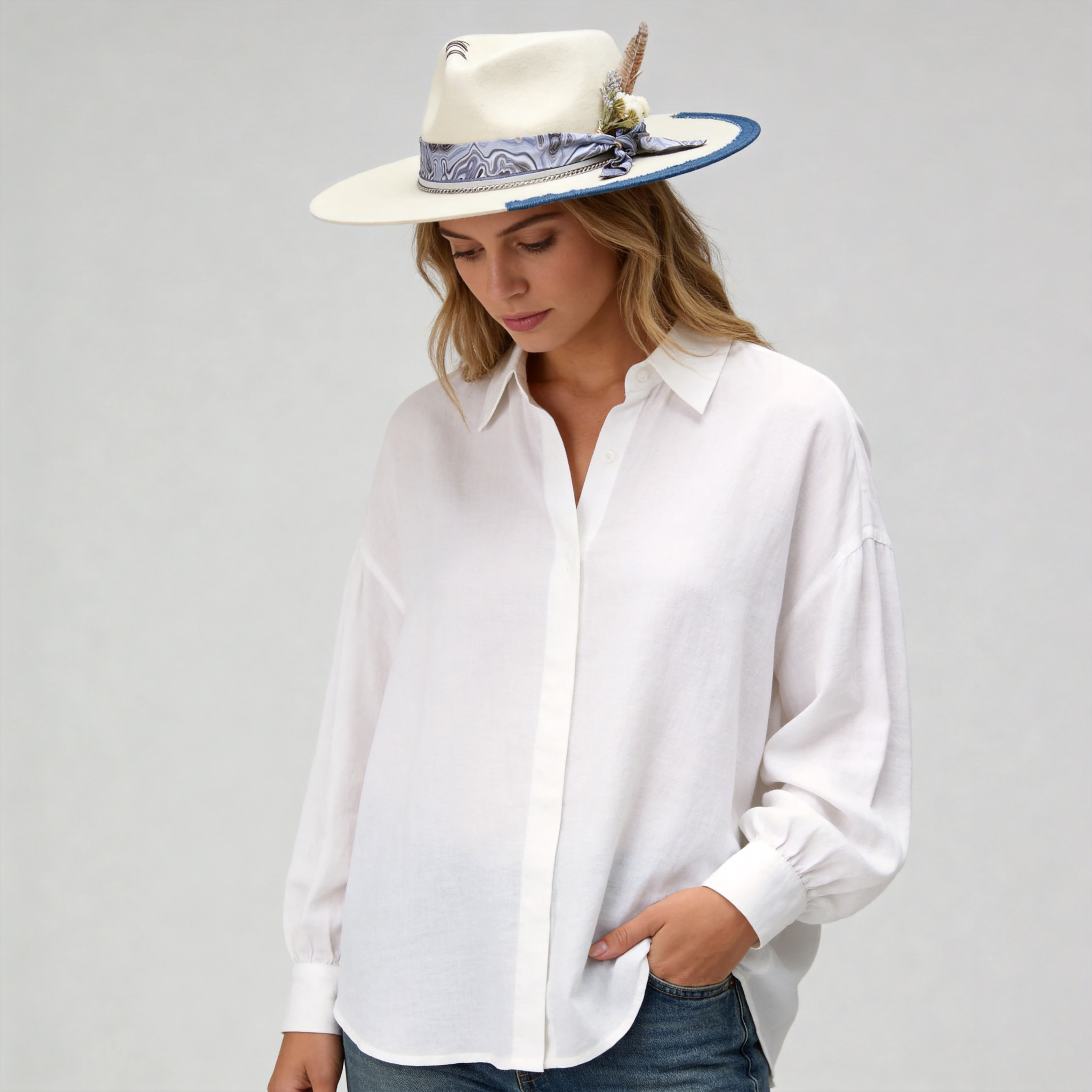 Teardrop Fedora - Off-White with Artistic Patterned Strap