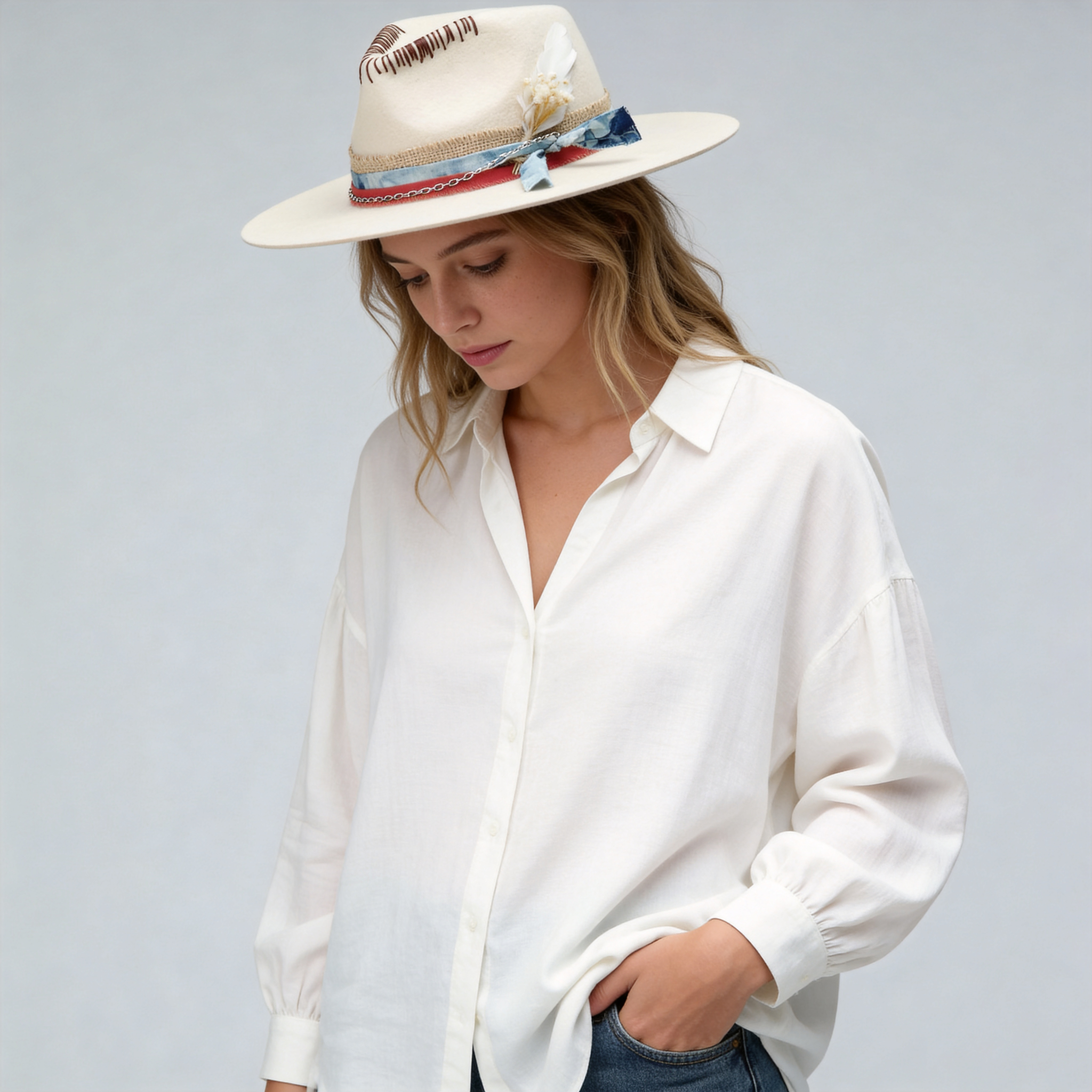 Teardrop Fedora - Off-White with Stitched Crown